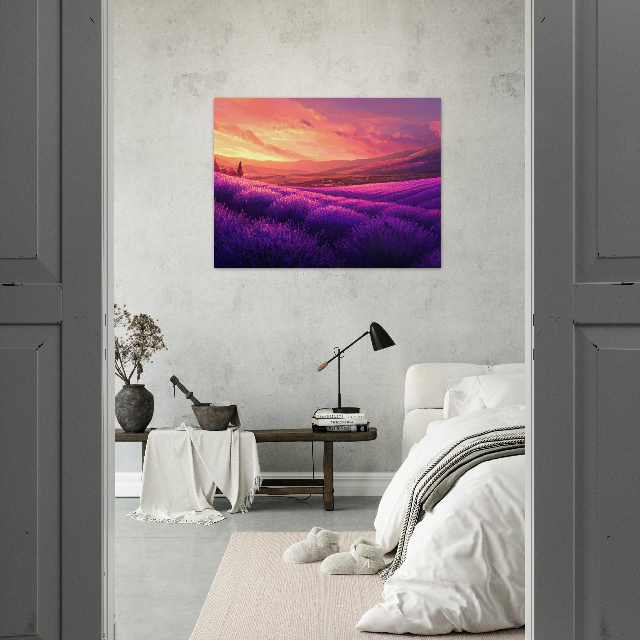 Fine Art Poster Landscape - Rolling lavender fields under a pink - hued sunset 2 - Shop Ai Art WebShop - Digital Art online Store