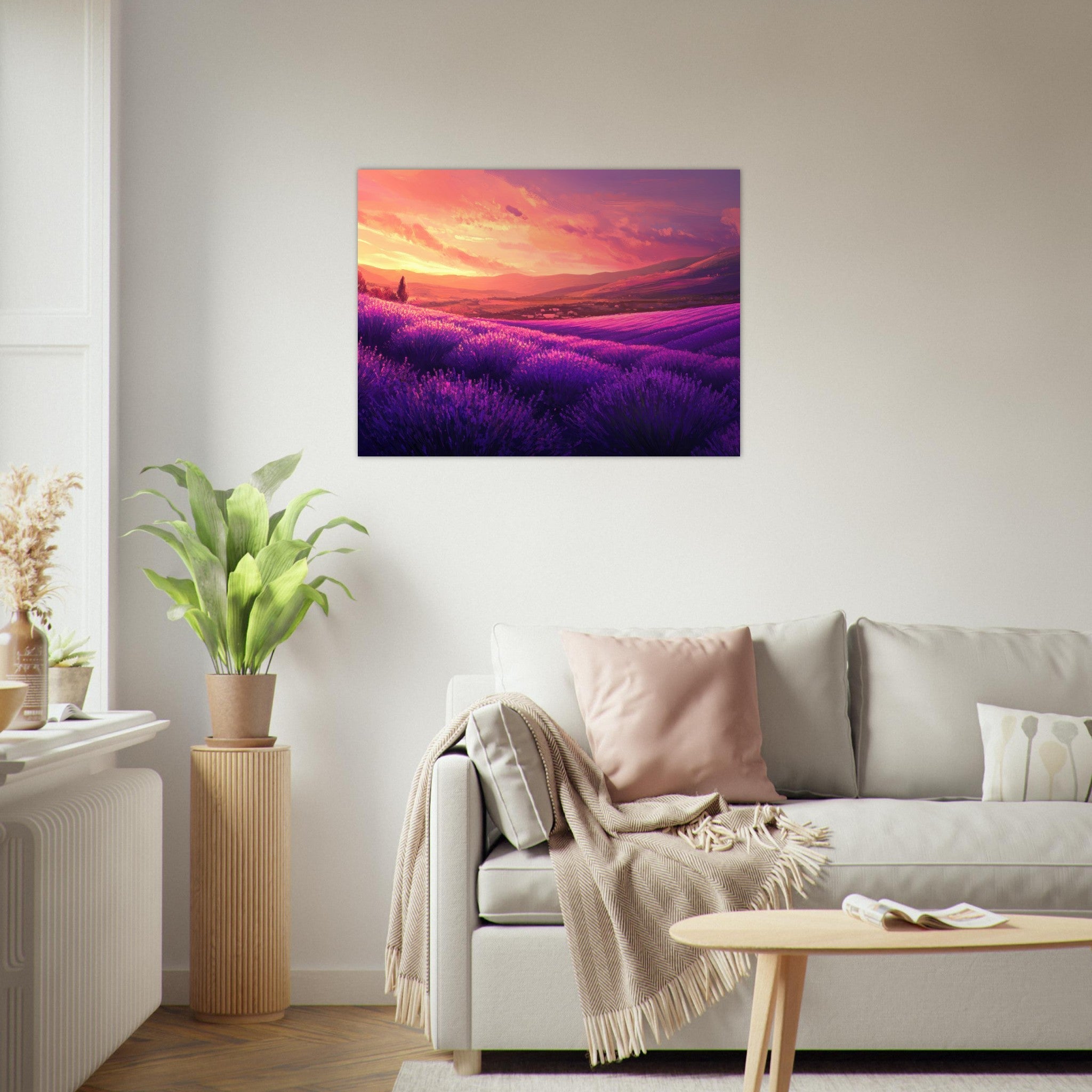 Fine Art Poster Landscape - Rolling lavender fields under a pink - hued sunset 2 - Shop Ai Art WebShop - Digital Art online Store