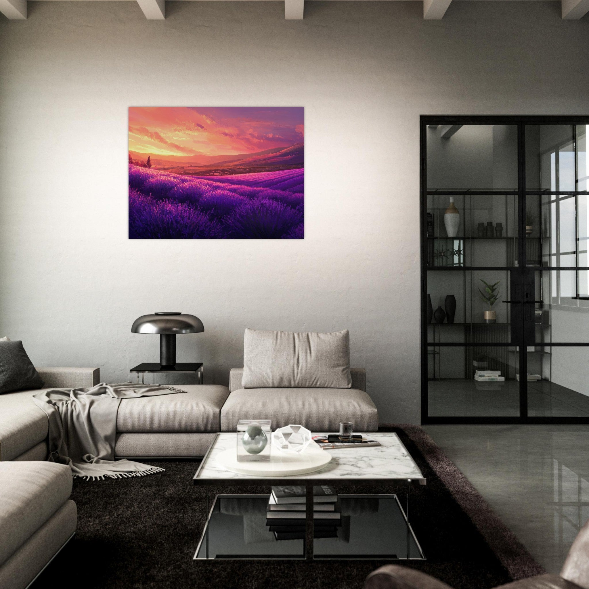 Fine Art Poster Landscape - Rolling lavender fields under a pink - hued sunset 2 - Shop Ai Art WebShop - Digital Art online Store