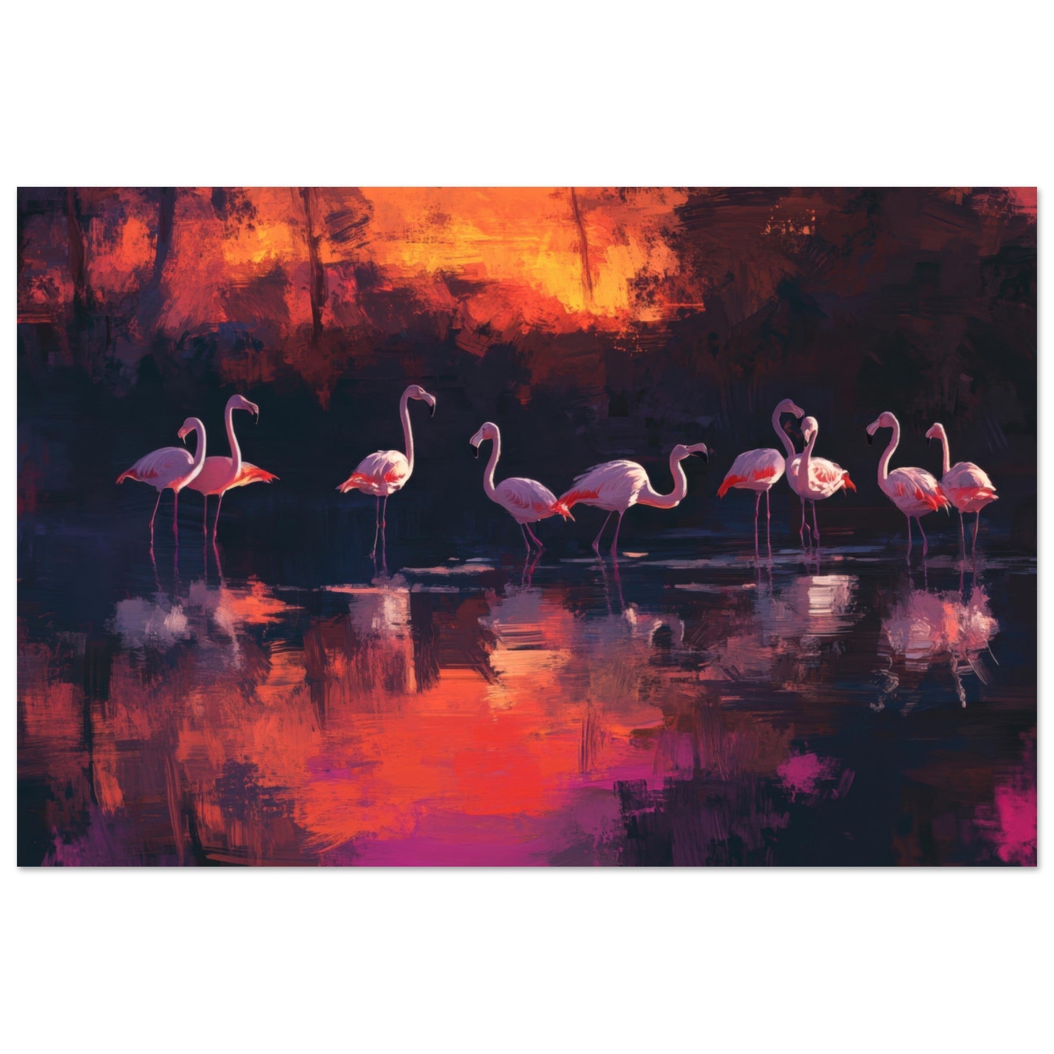 Fine Art Poster Landscape - Surreal Flamingo Lake at Sunset Graceful flaming - Ai Art Webshop - Ai Art shop - Buy Digital Art