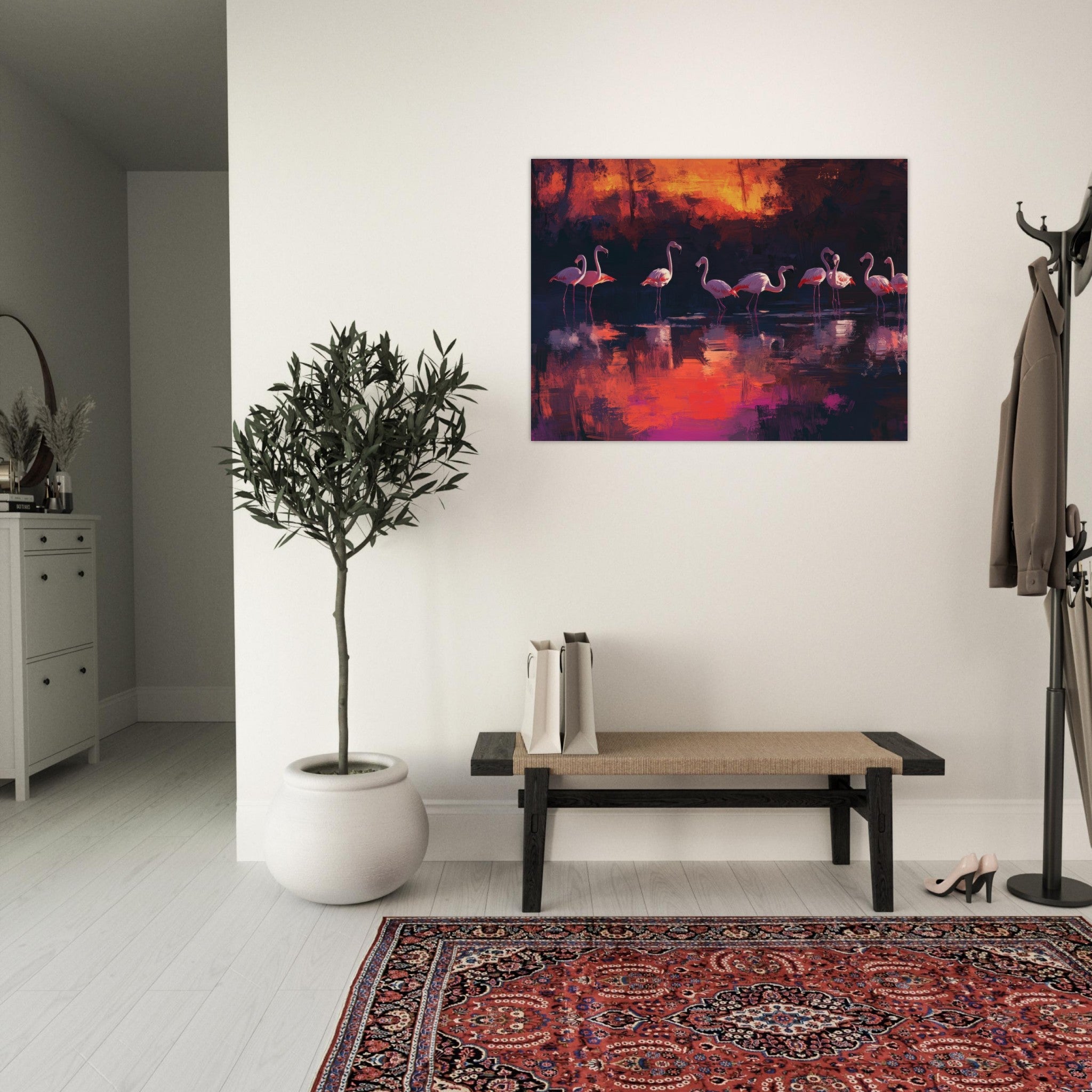 Fine Art Poster Landscape - Surreal Flamingo Lake at Sunset Graceful flaming - Ai Art Webshop - Ai Art shop - Buy Digital Art