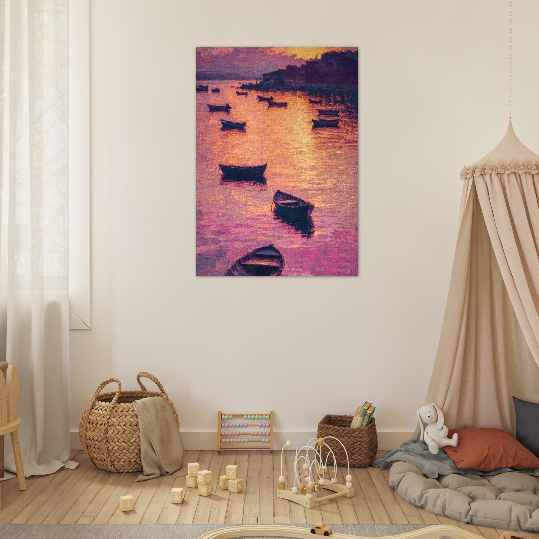 Fine Art Poster Portrait - Boats at Dusk A harbor filled with gently rocky - Shop Ai Art WebShop - Digital Art online Store