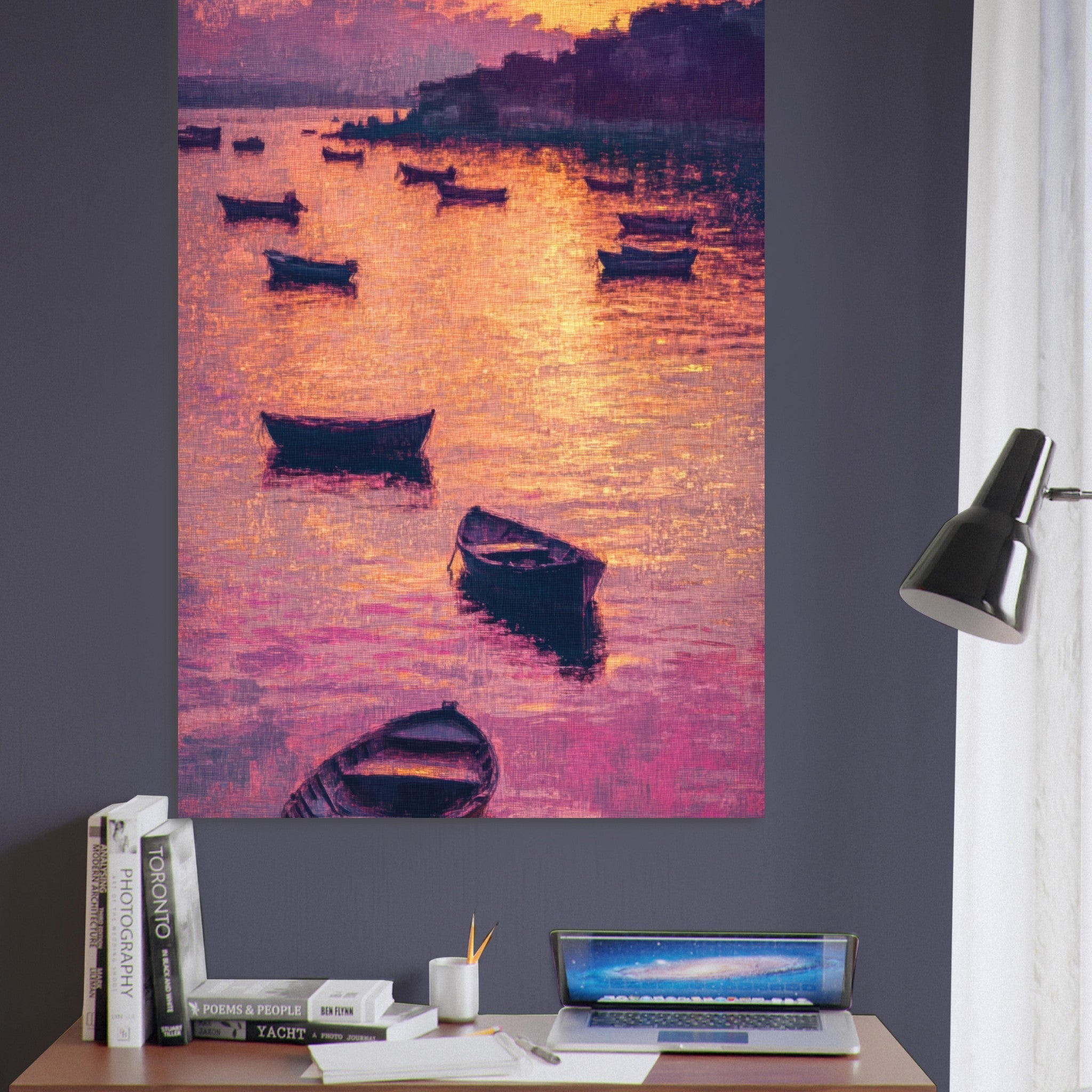 Fine Art Poster Portrait - Boats at Dusk A harbor filled with gently rocky - Shop Ai Art WebShop - Digital Art online Store