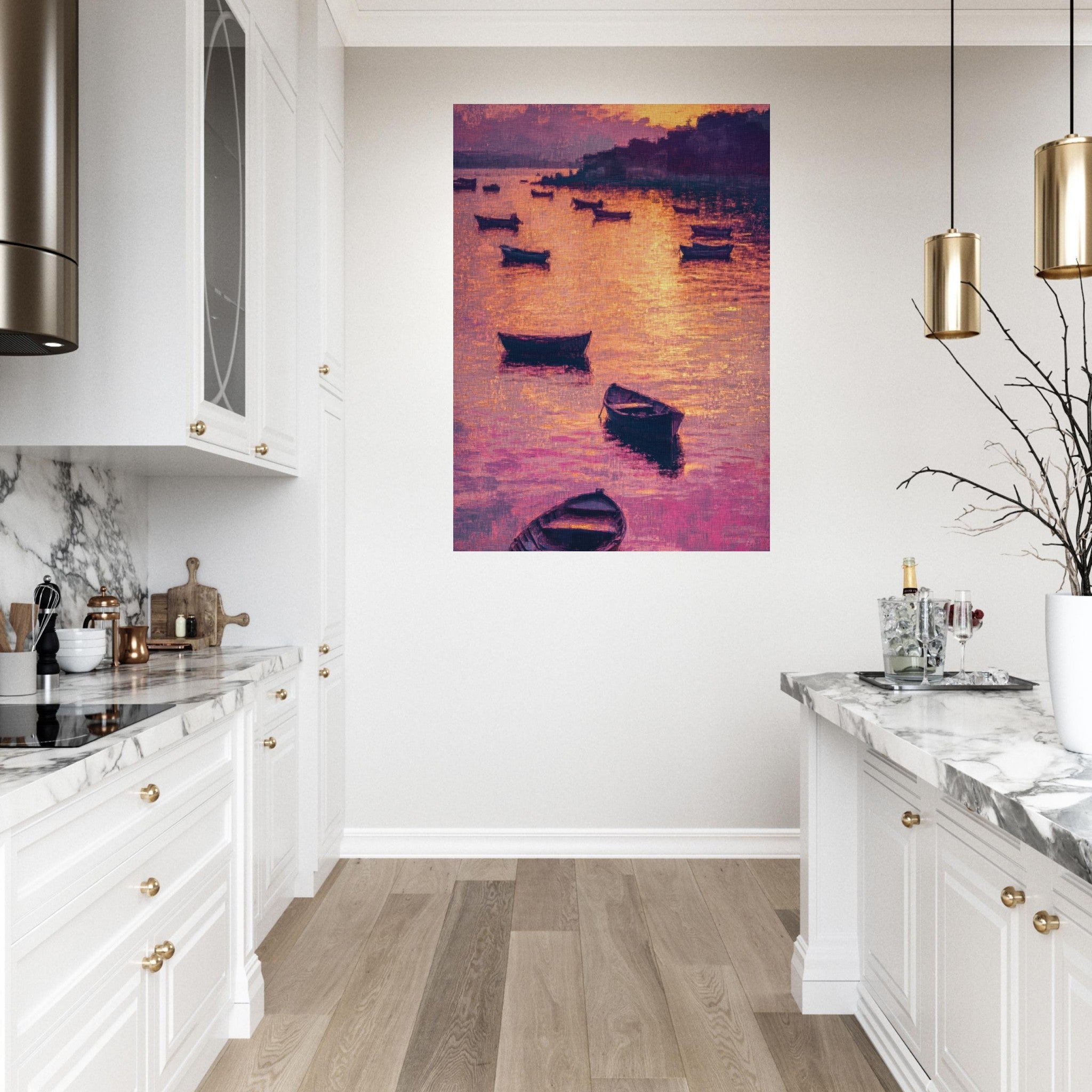 Fine Art Poster Portrait - Boats at Dusk A harbor filled with gently rocky - Shop Ai Art WebShop - Digital Art online Store