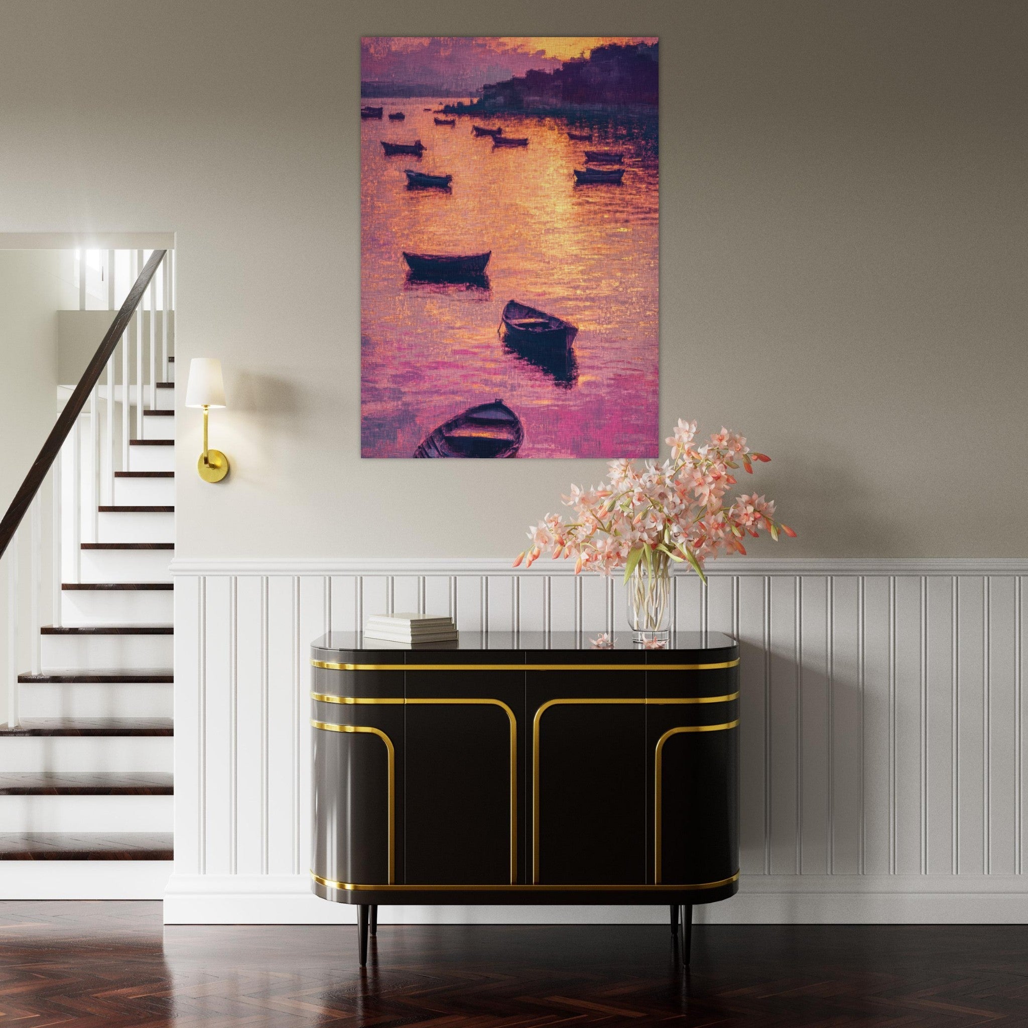 Fine Art Poster Portrait - Boats at Dusk A harbor filled with gently rocky - Shop Ai Art WebShop - Digital Art online Store