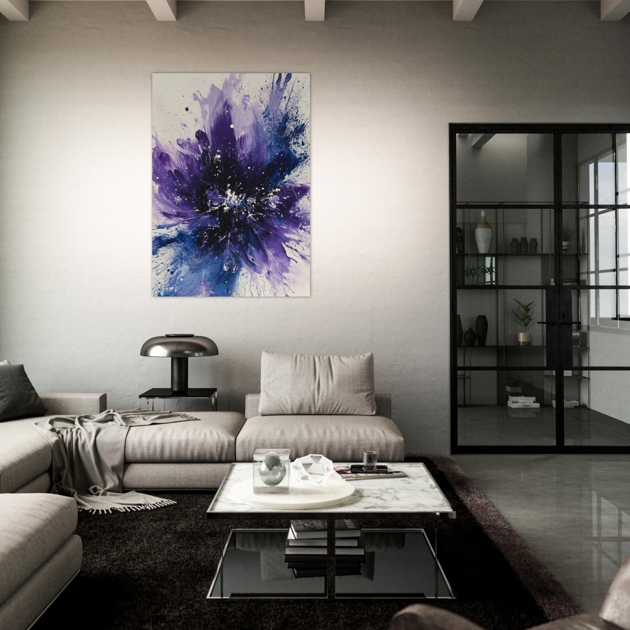 Fine Art Poster Portrait - Cosmic Bloom An abstract explosion of deep purple - Shop Ai Art WebShop - Digital Art online Store