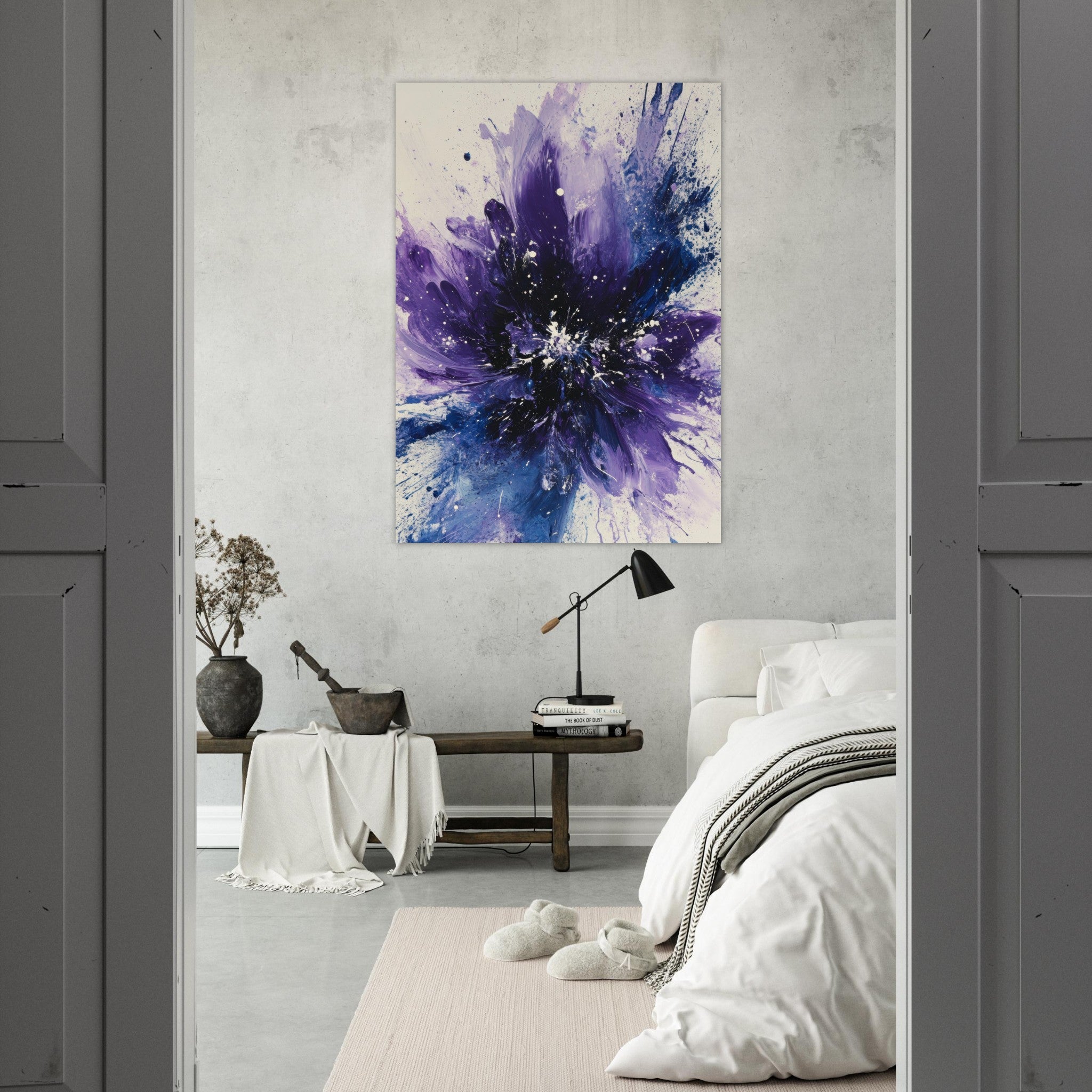 Fine Art Poster Portrait - Cosmic Bloom An abstract explosion of deep purple - Shop Ai Art WebShop - Digital Art online Store