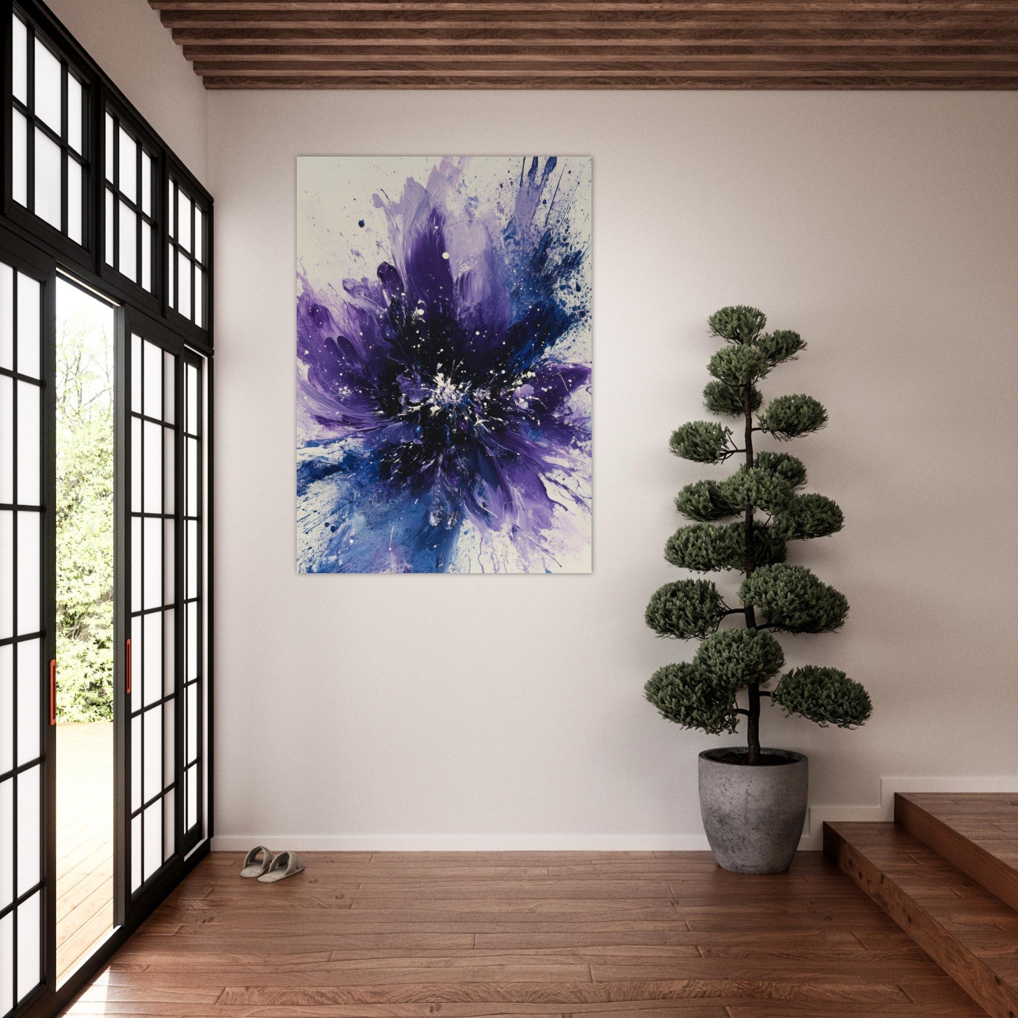 Fine Art Poster Portrait - Cosmic Bloom An abstract explosion of deep purple - Shop Ai Art WebShop - Digital Art online Store
