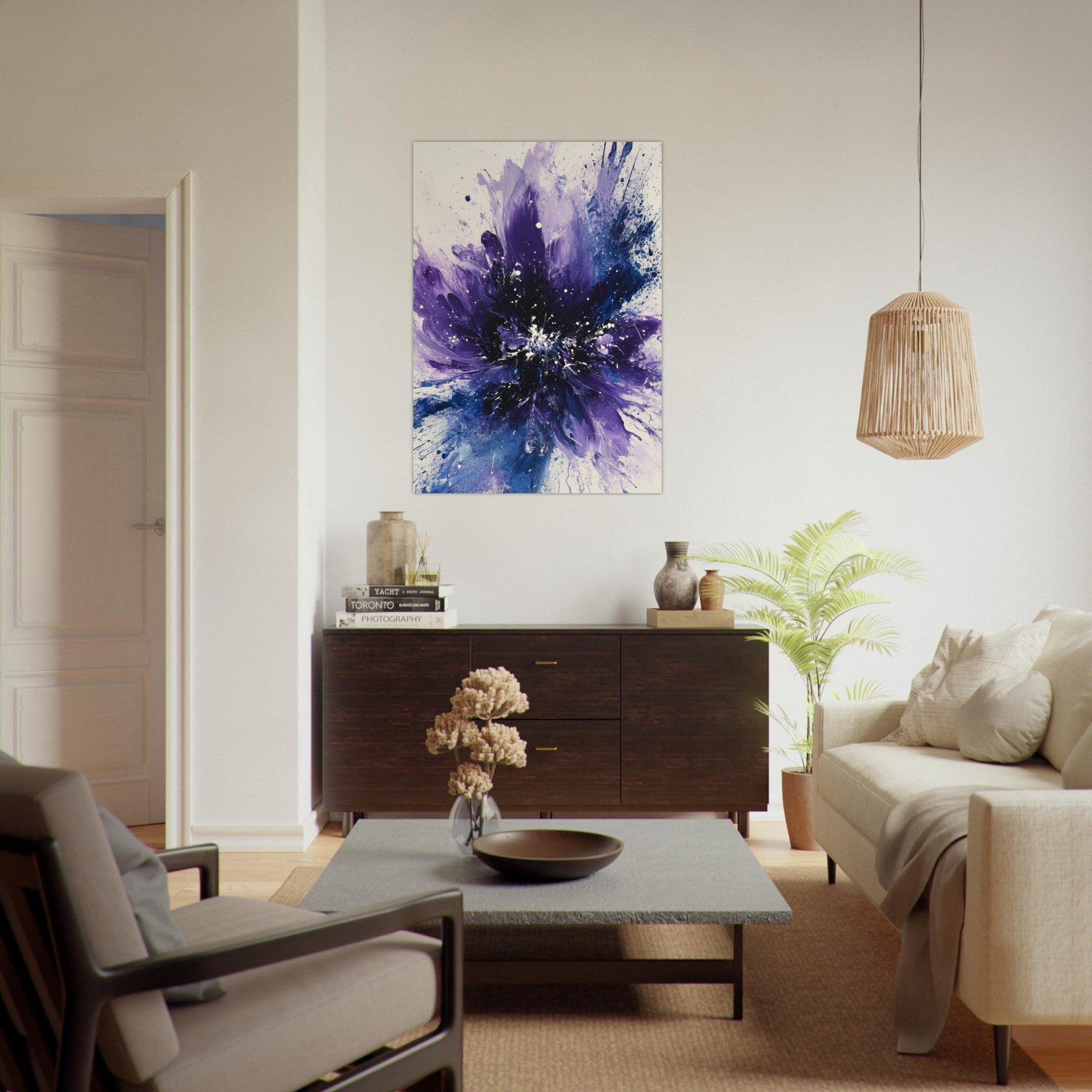 Fine Art Poster Portrait - Cosmic Bloom An abstract explosion of deep purple - Shop Ai Art WebShop - Digital Art online Store