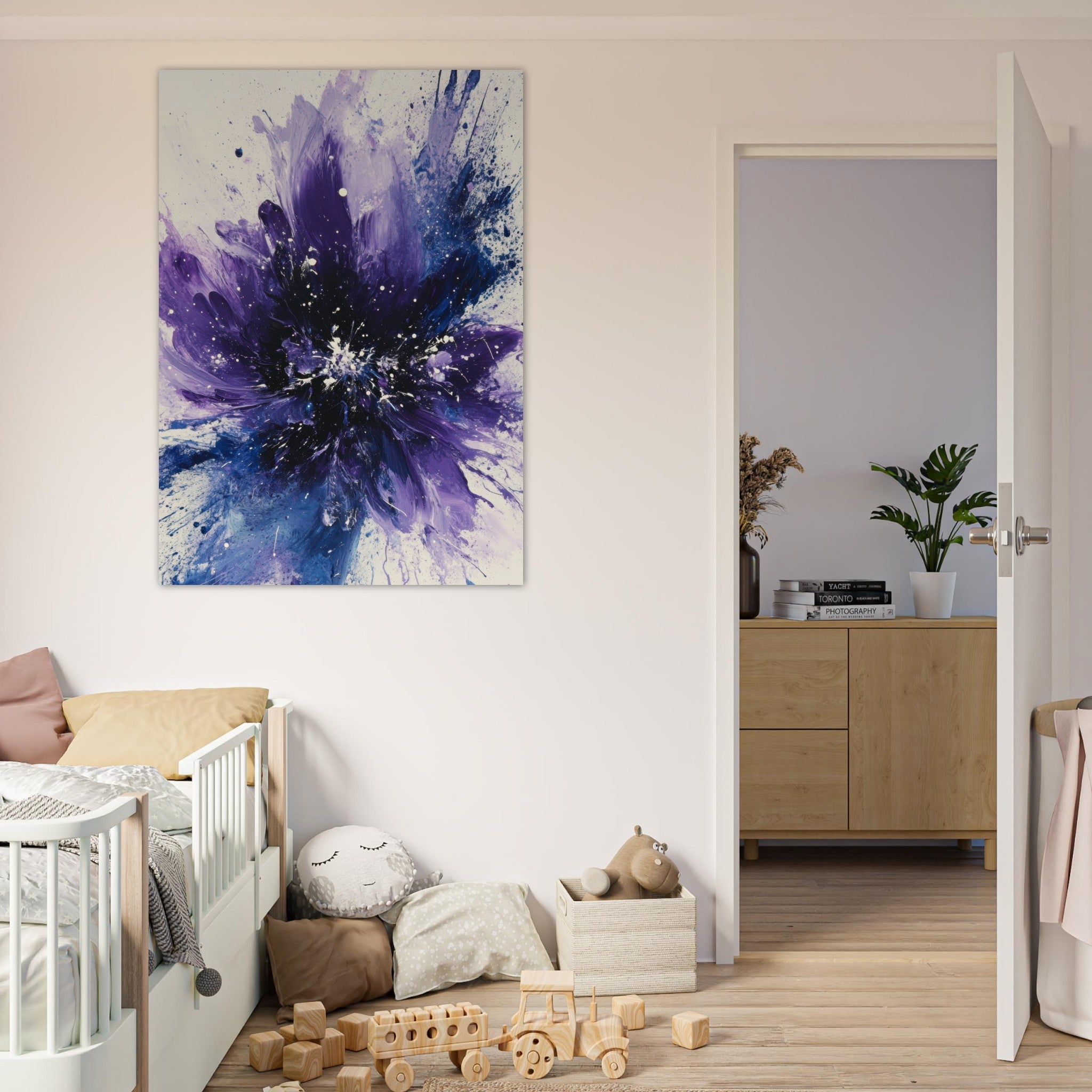 Fine Art Poster Portrait - Cosmic Bloom An abstract explosion of deep purple - Shop Ai Art WebShop - Digital Art online Store