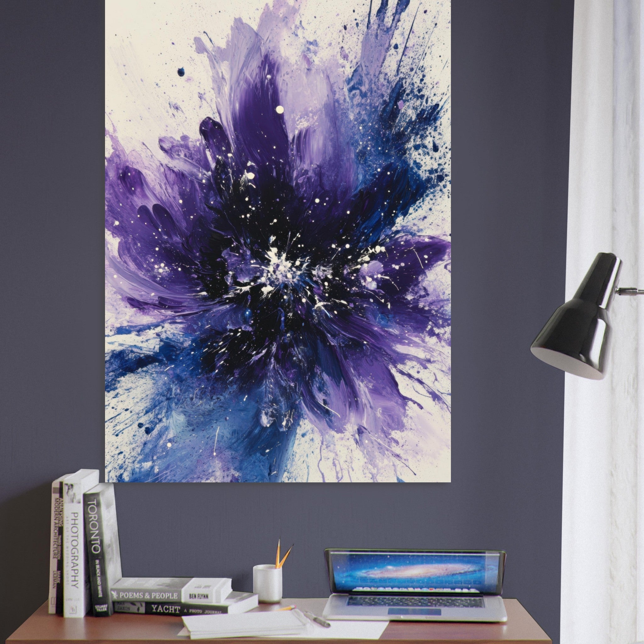 Fine Art Poster Portrait - Cosmic Bloom An abstract explosion of deep purple - Shop Ai Art WebShop - Digital Art online Store