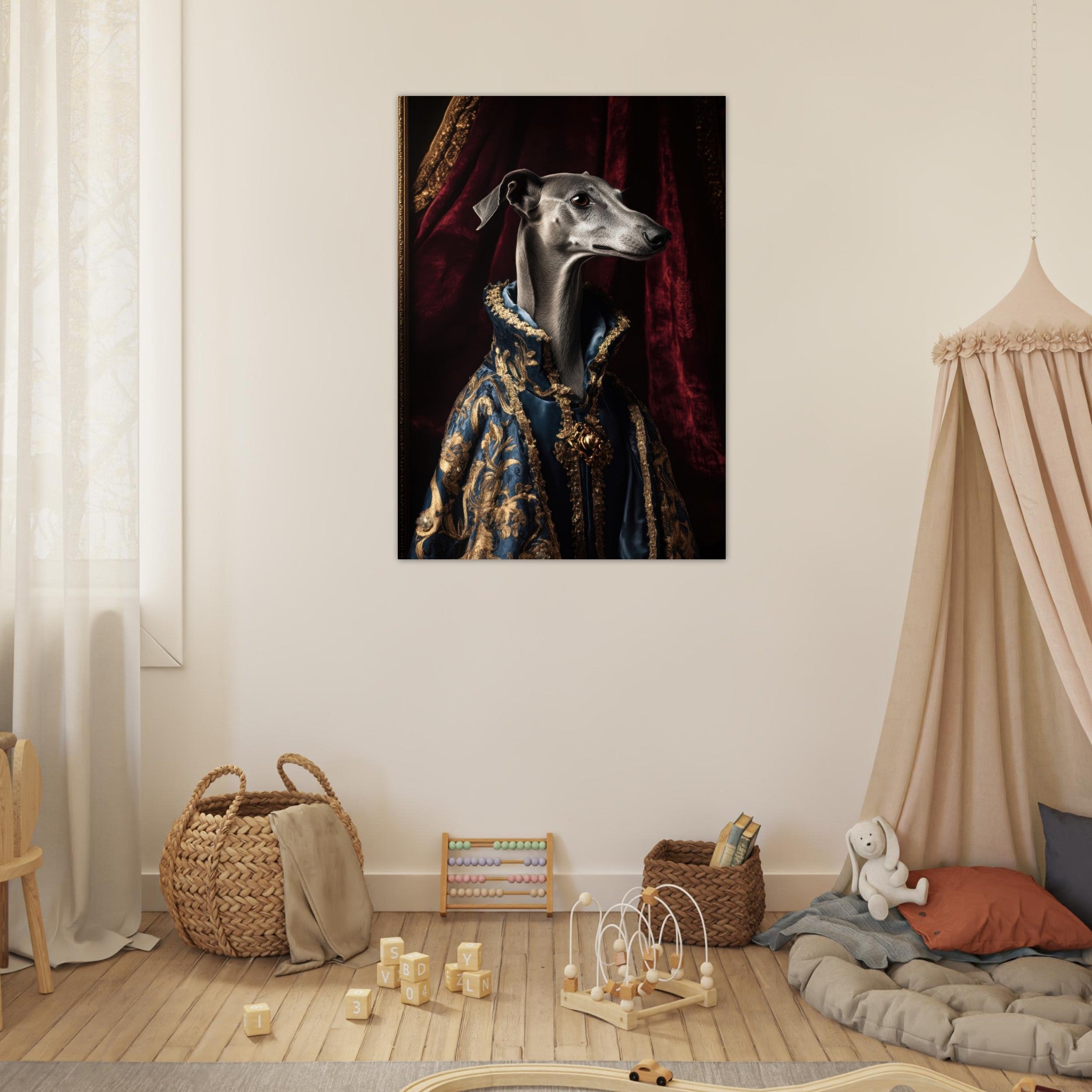 Fine Art Poster Portrait - Elegant Baroque Greyhound Portrait A sleek grey 2 - Shop Ai Art WebShop - Digital Art online Store