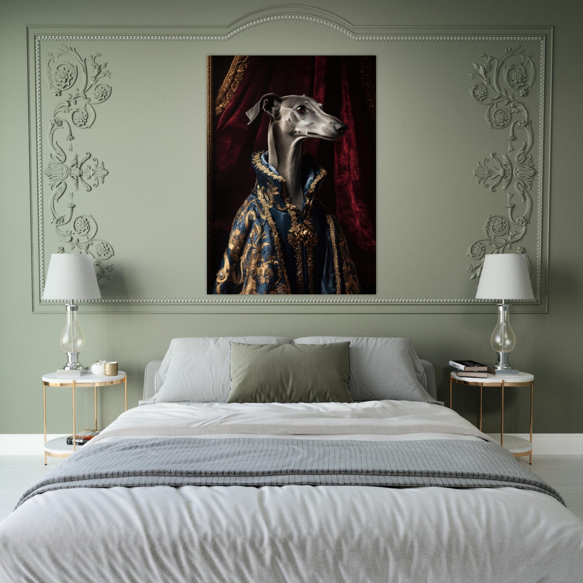 Fine Art Poster Portrait - Elegant Baroque Greyhound Portrait A sleek grey 2 - Shop Ai Art WebShop - Digital Art online Store