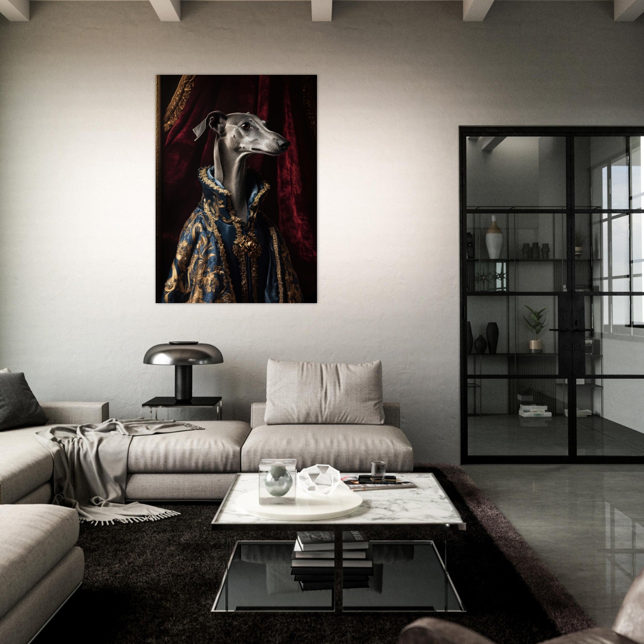 Fine Art Poster Portrait - Elegant Baroque Greyhound Portrait A sleek grey 2 - Shop Ai Art WebShop - Digital Art online Store