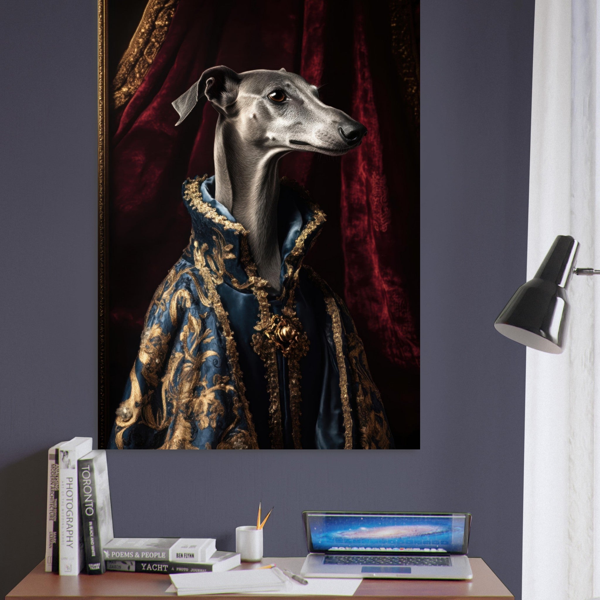 Fine Art Poster Portrait - Elegant Baroque Greyhound Portrait A sleek grey 2 - Shop Ai Art WebShop - Digital Art online Store