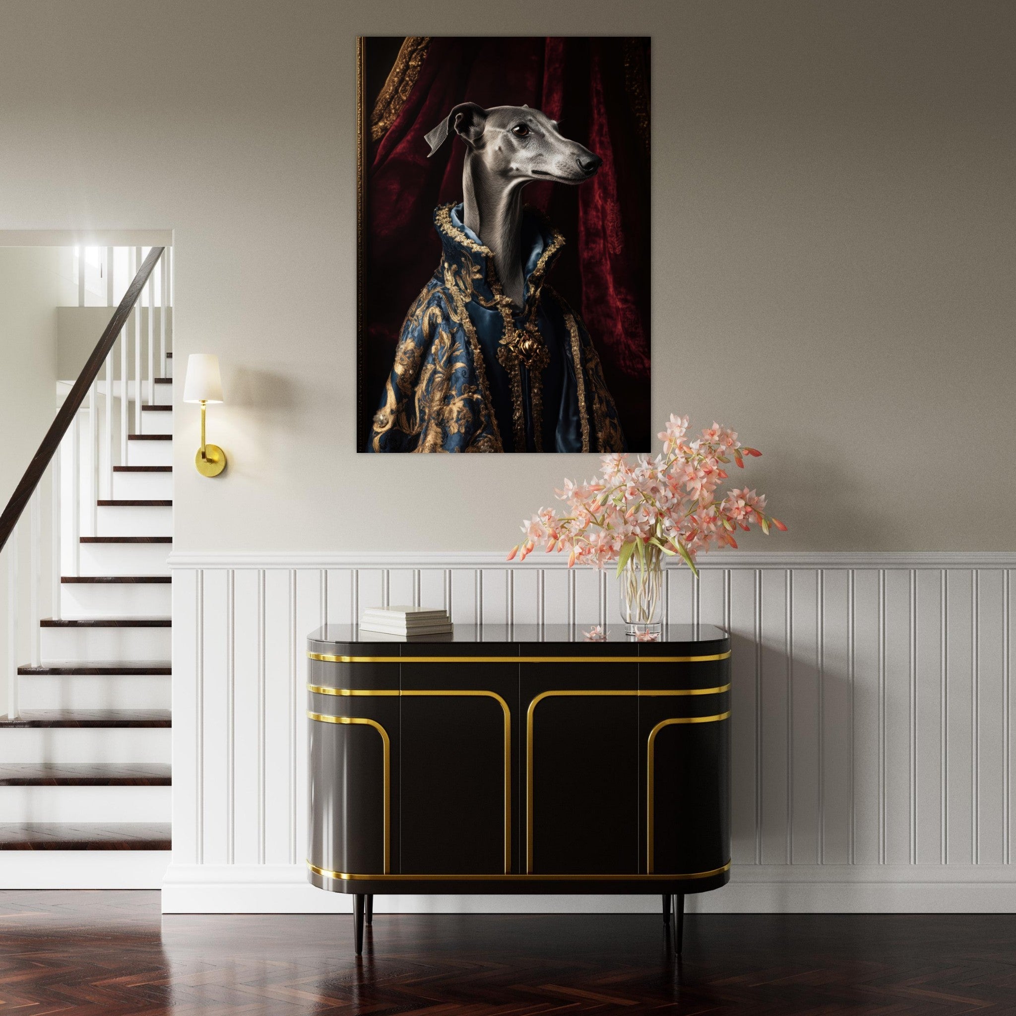 Fine Art Poster Portrait - Elegant Baroque Greyhound Portrait A sleek grey 2 - Shop Ai Art WebShop - Digital Art online Store