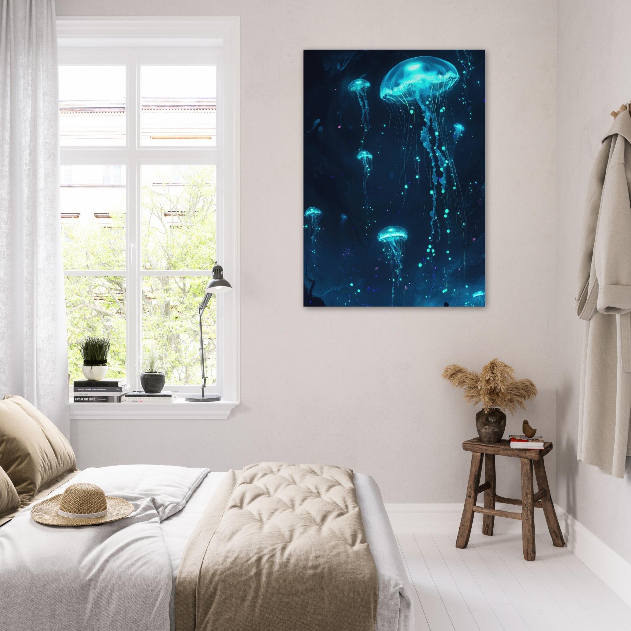 Fine Art Poster Portrait - Glowing Bioluminescent Jellyfish in the Deep Tea - Shop Ai Art WebShop - Digital Art online Store