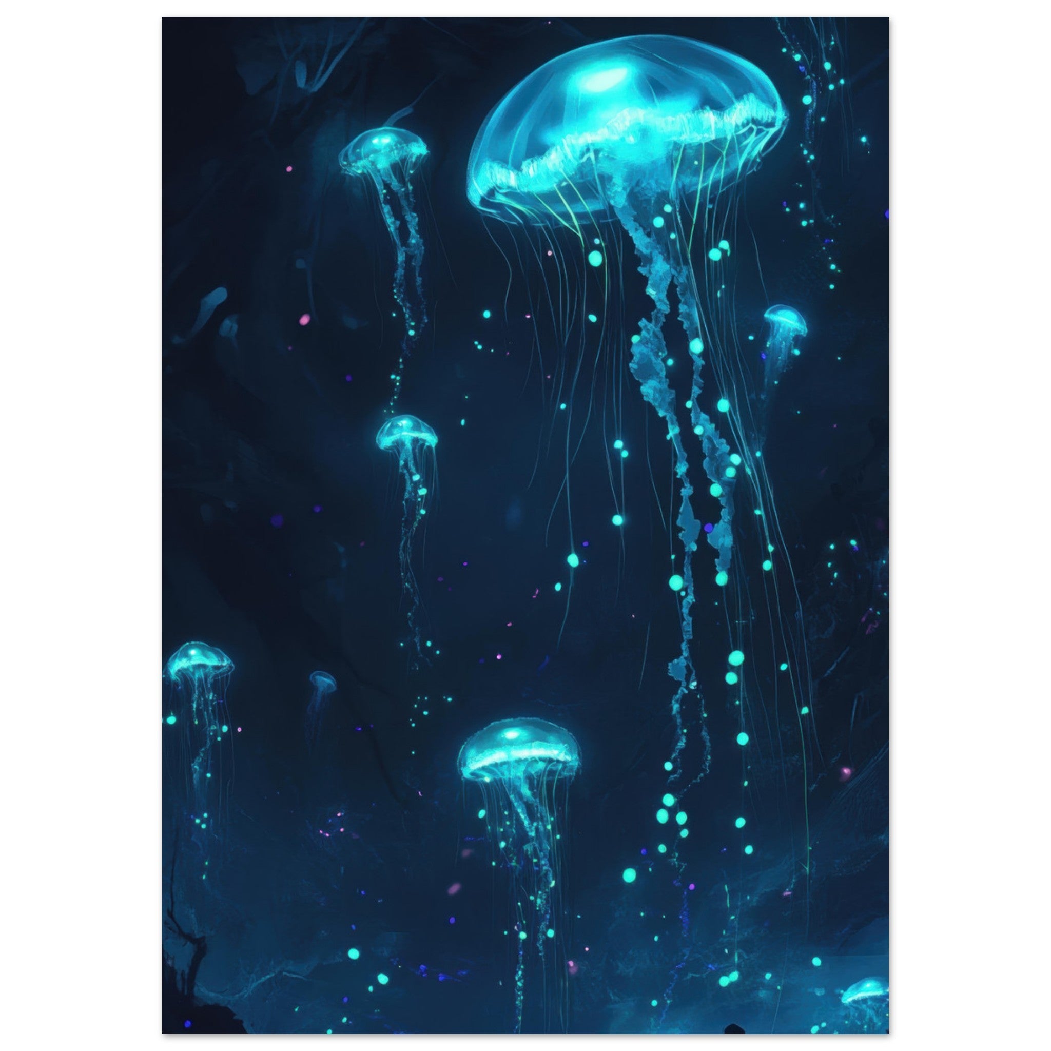 Fine Art Poster Portrait - Glowing Bioluminescent Jellyfish in the Deep Tea - Shop Ai Art WebShop - Digital Art online Store