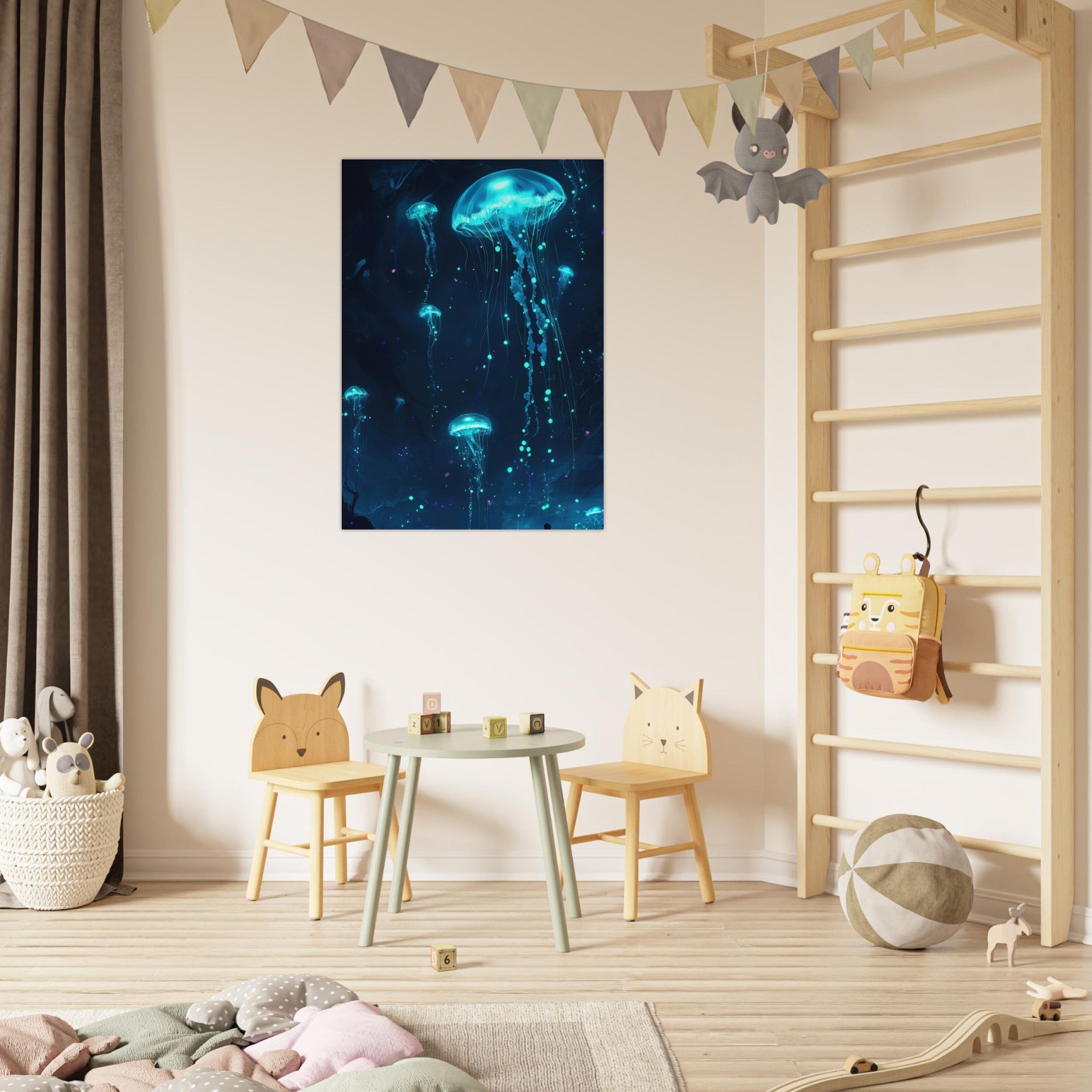 Fine Art Poster Portrait - Glowing Bioluminescent Jellyfish in the Deep Tea - Shop Ai Art WebShop - Digital Art online Store