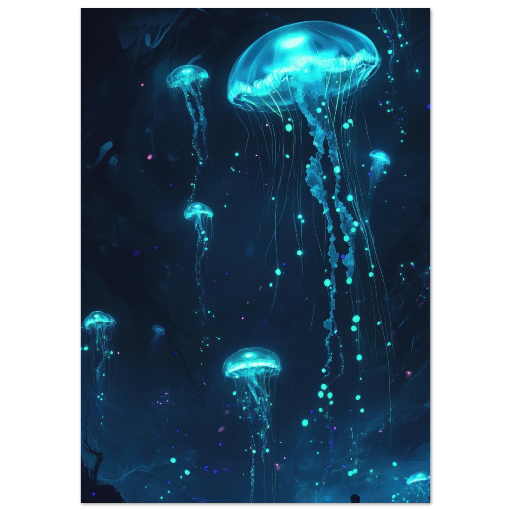 Fine Art Poster Portrait - Glowing Bioluminescent Jellyfish in the Deep Tea - Shop Ai Art WebShop - Digital Art online Store