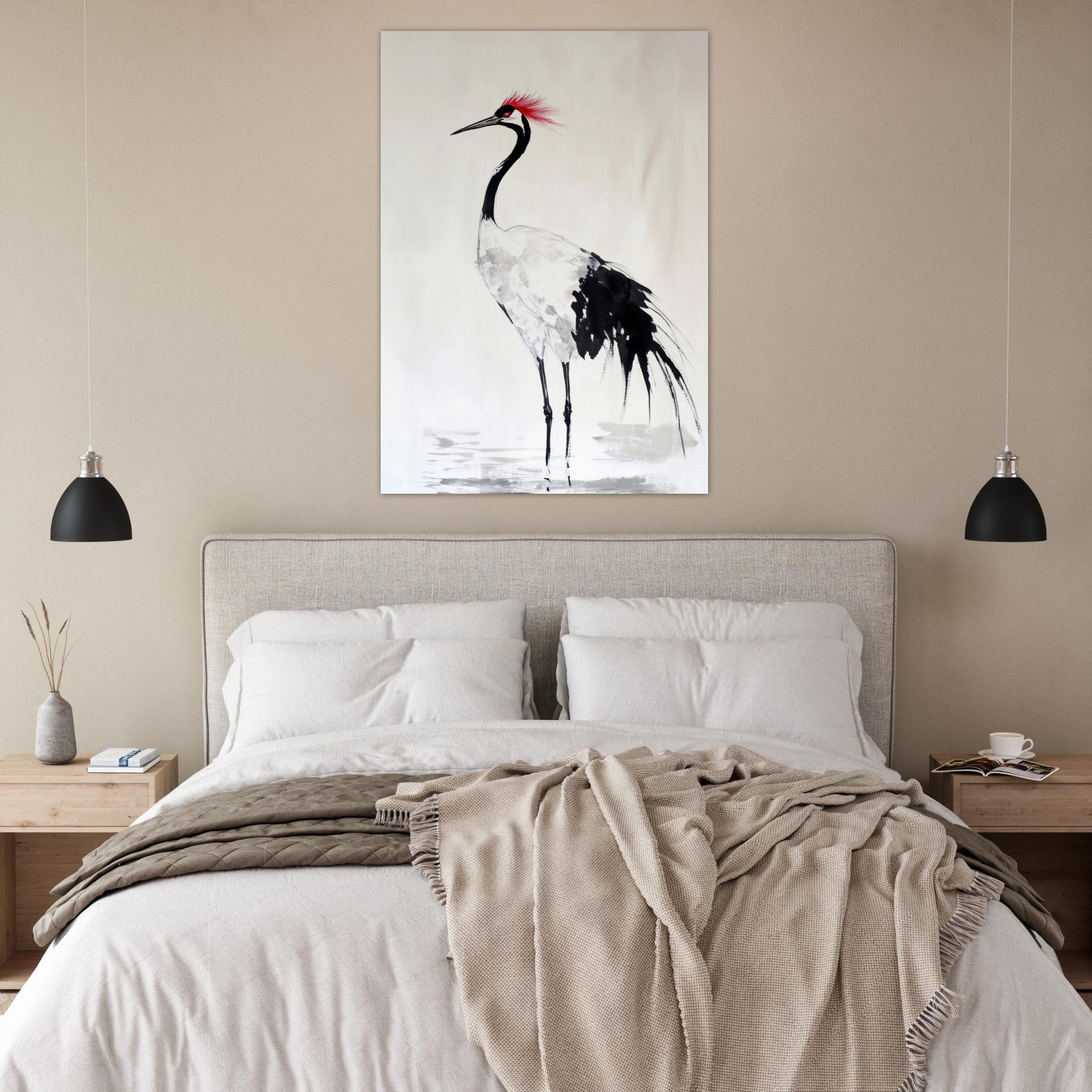 Fine Art Poster Portrait - Japanese Ink Wash Painting of a Crane A graceful - Shop Ai Art WebShop - Digital Art online Store