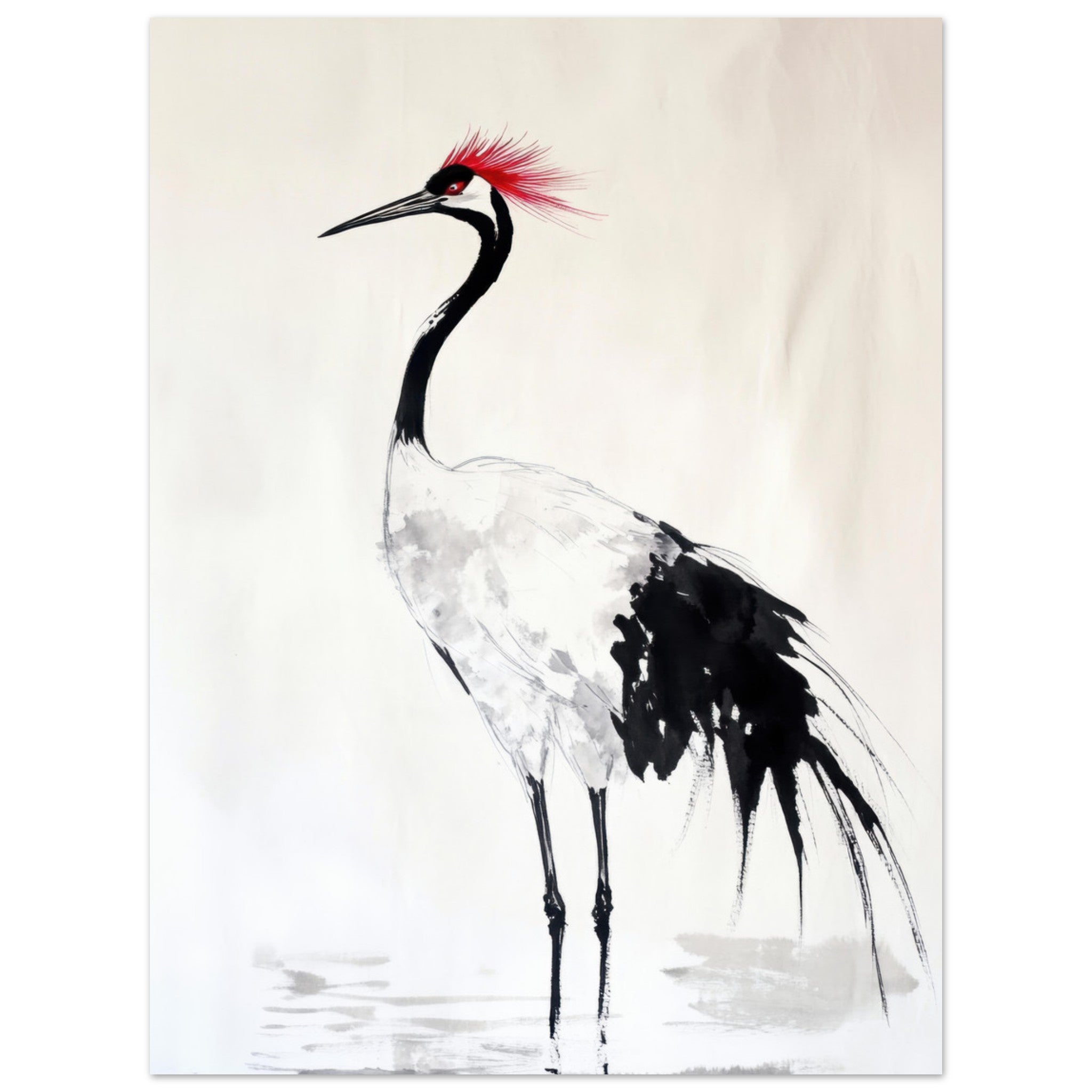 Fine Art Poster Portrait - Japanese Ink Wash Painting of a Crane A graceful - Shop Ai Art WebShop - Digital Art online Store
