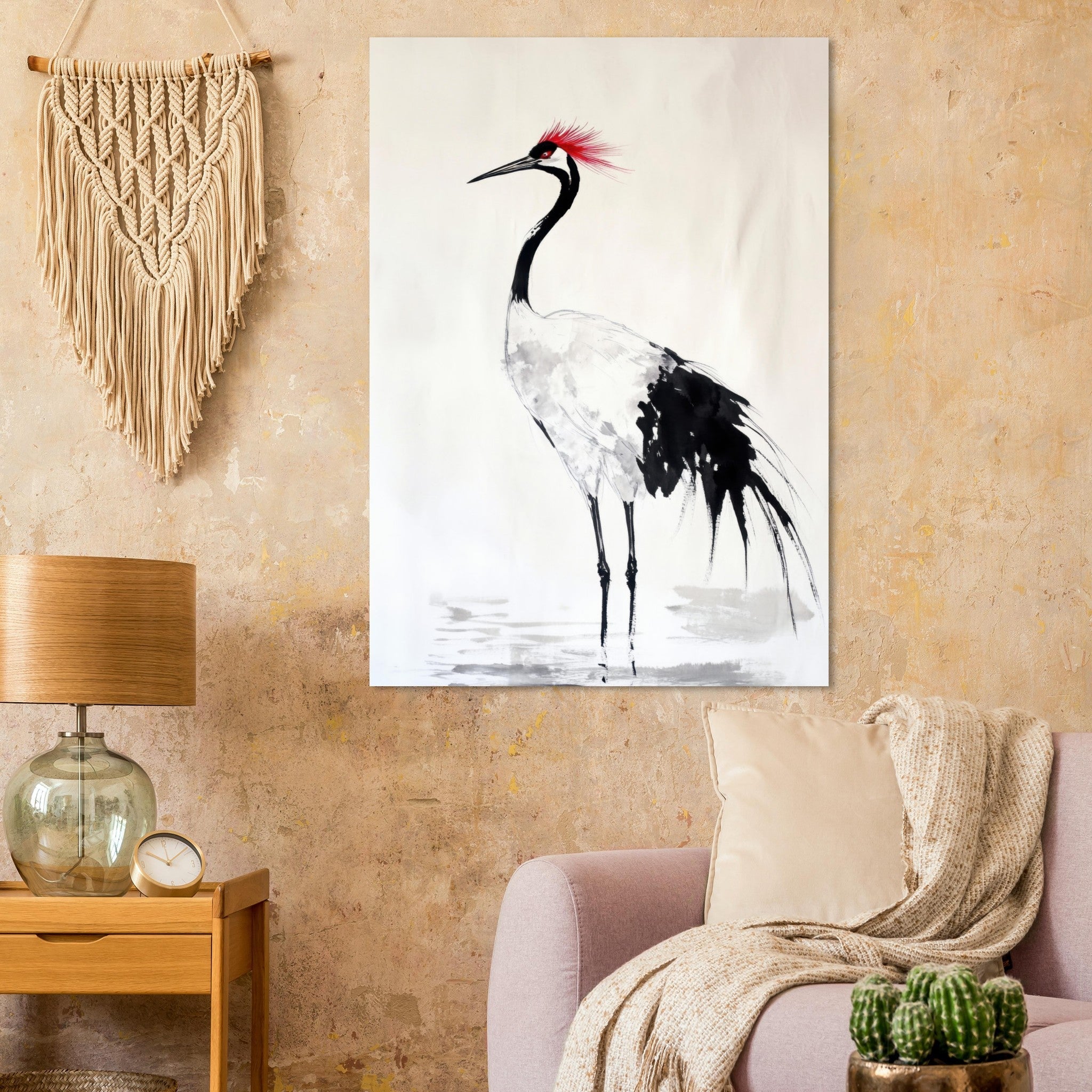 Fine Art Poster Portrait - Japanese Ink Wash Painting of a Crane A graceful - Shop Ai Art WebShop - Digital Art online Store
