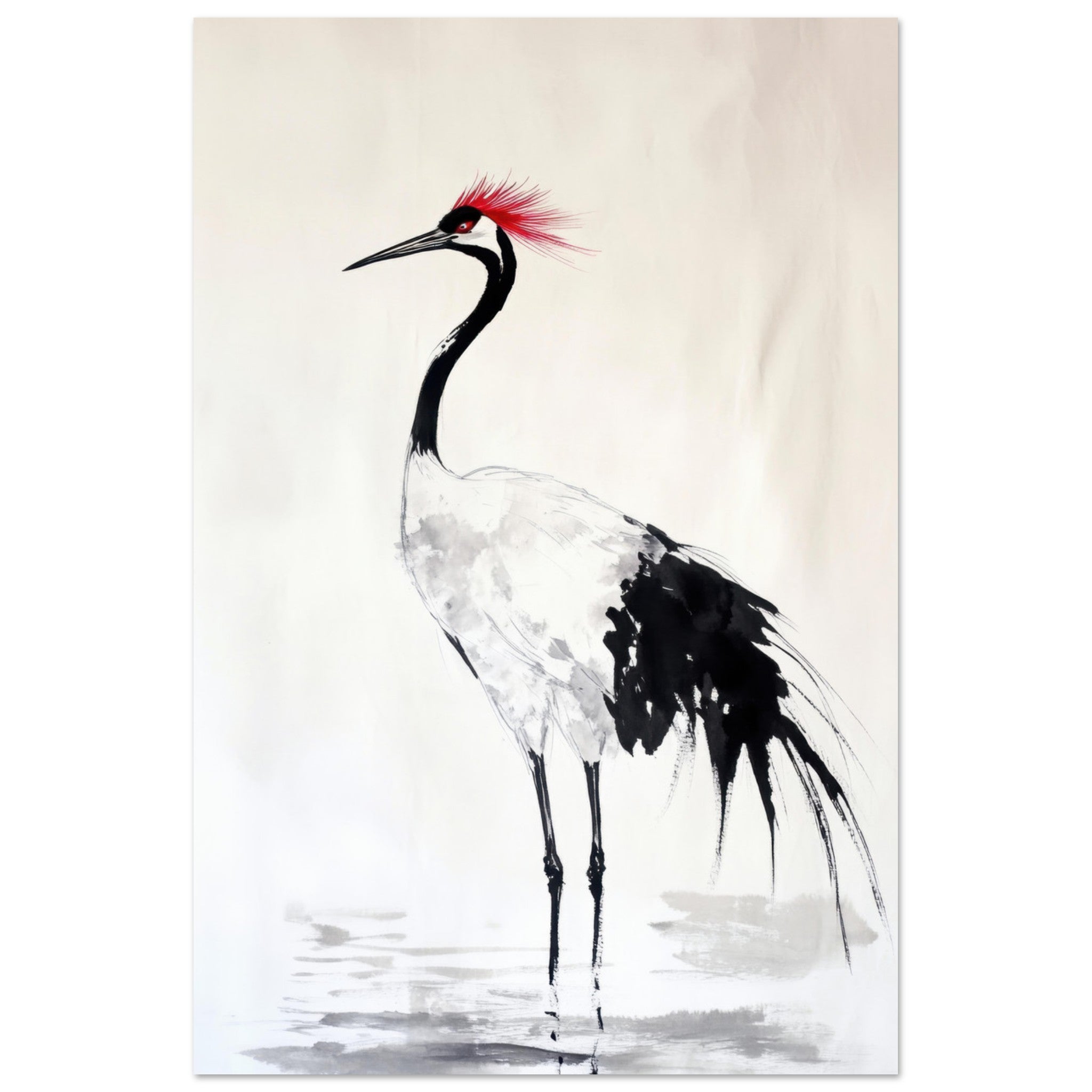 Fine Art Poster Portrait - Japanese Ink Wash Painting of a Crane A graceful - Shop Ai Art WebShop - Digital Art online Store