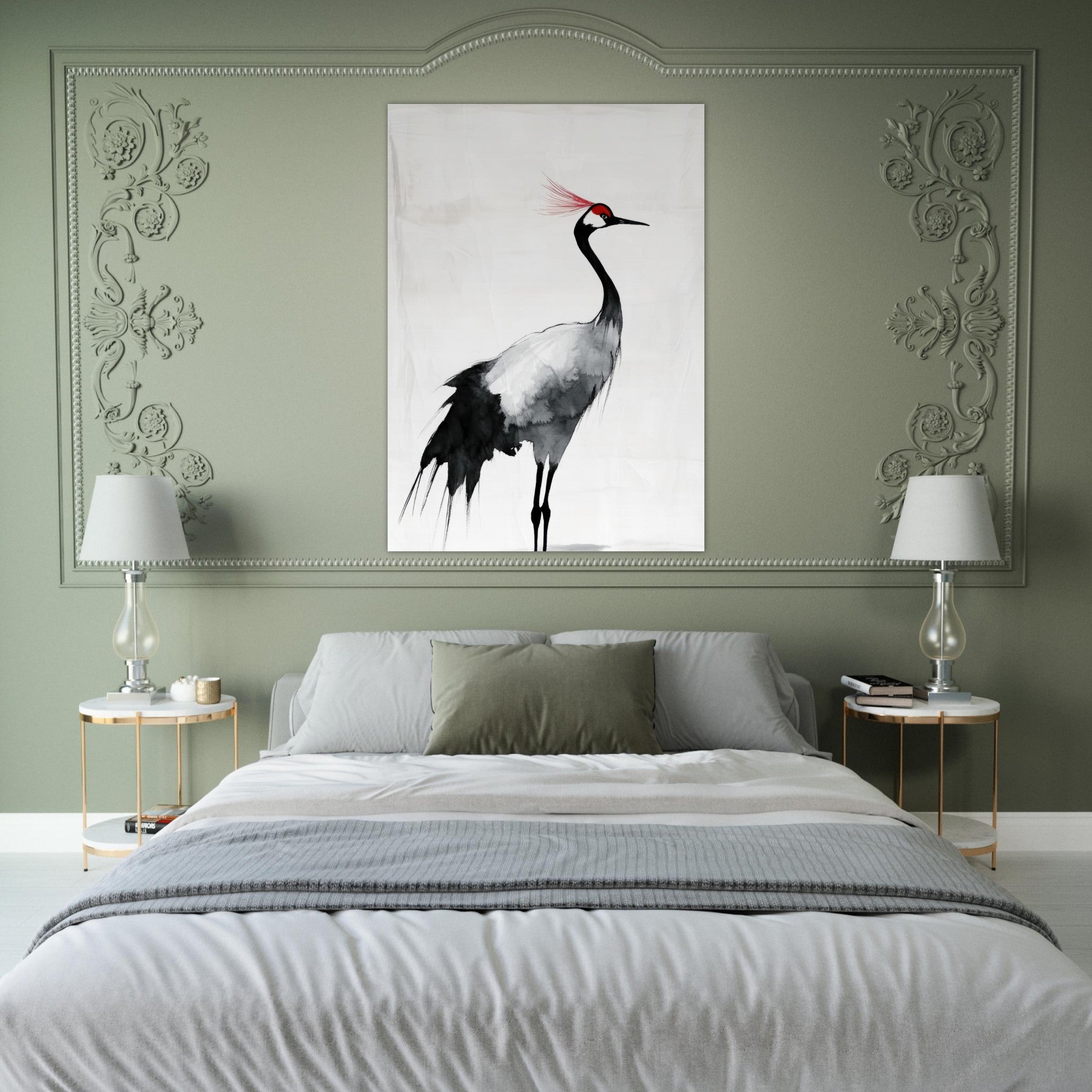 Fine Art Poster Portrait - Japanese Ink Wash Painting of a Crane A graceful 2 - Shop Ai Art WebShop - Digital Art online Store