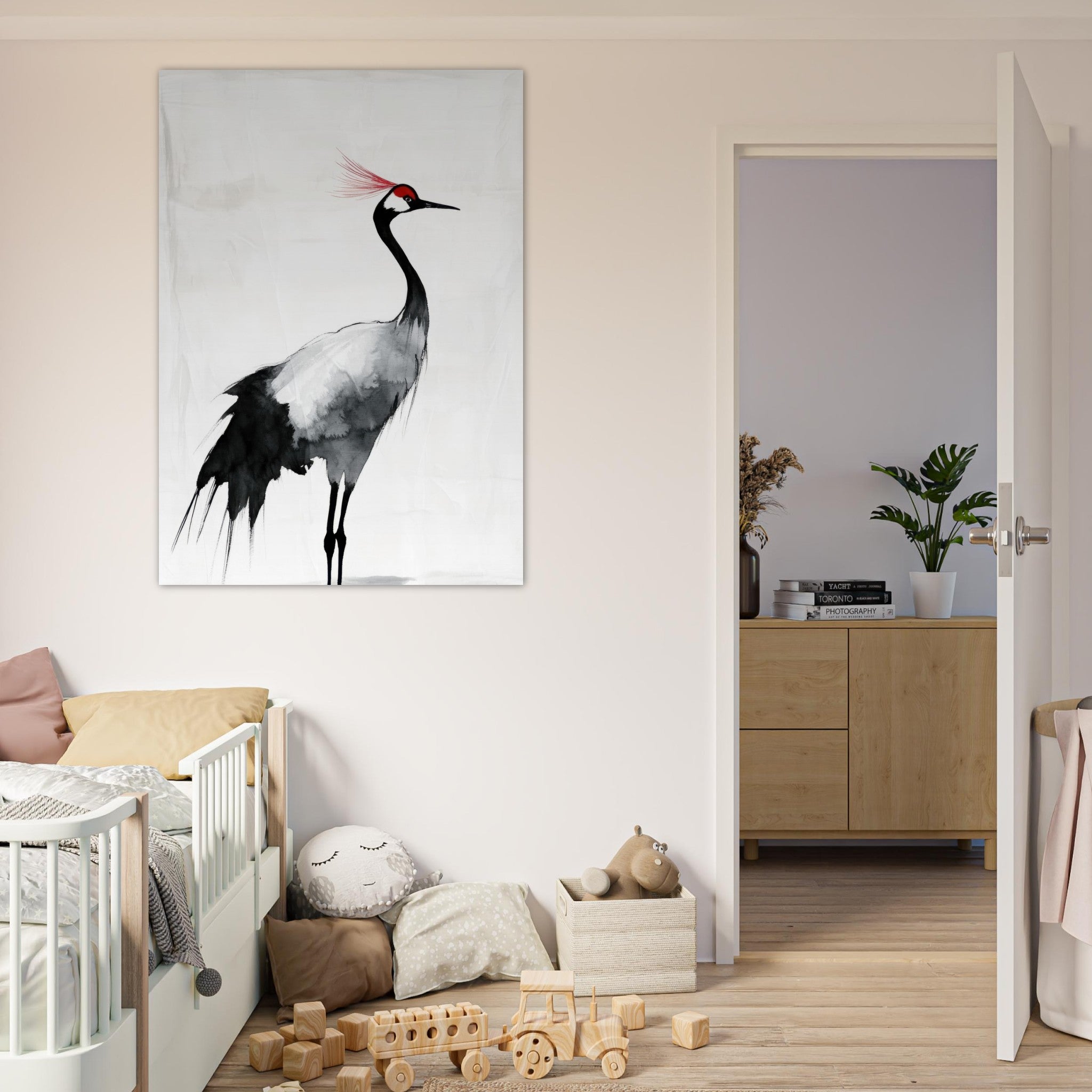 Fine Art Poster Portrait - Japanese Ink Wash Painting of a Crane A graceful 2 - Shop Ai Art WebShop - Digital Art online Store