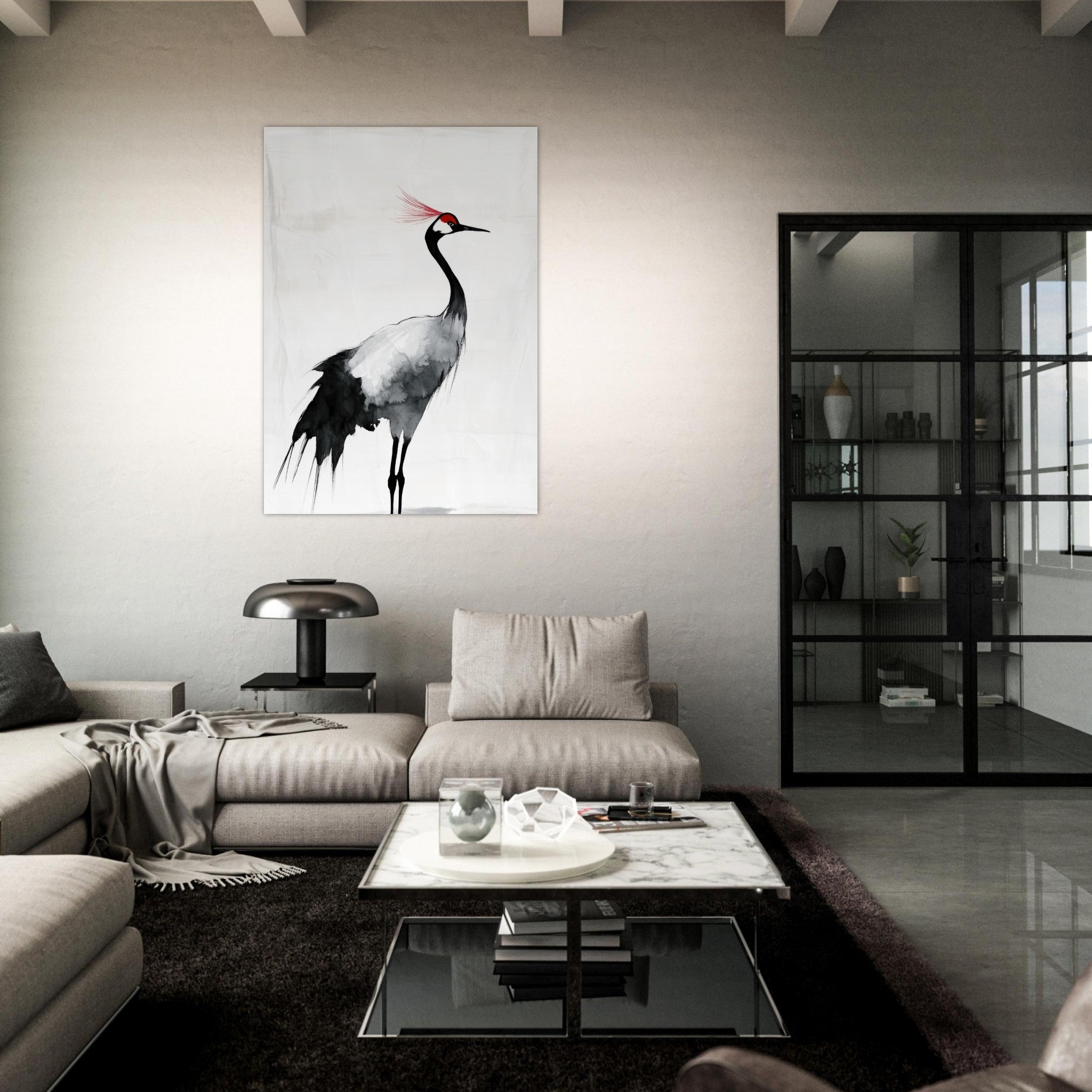Fine Art Poster Portrait - Japanese Ink Wash Painting of a Crane A graceful 2 - Shop Ai Art WebShop - Digital Art online Store