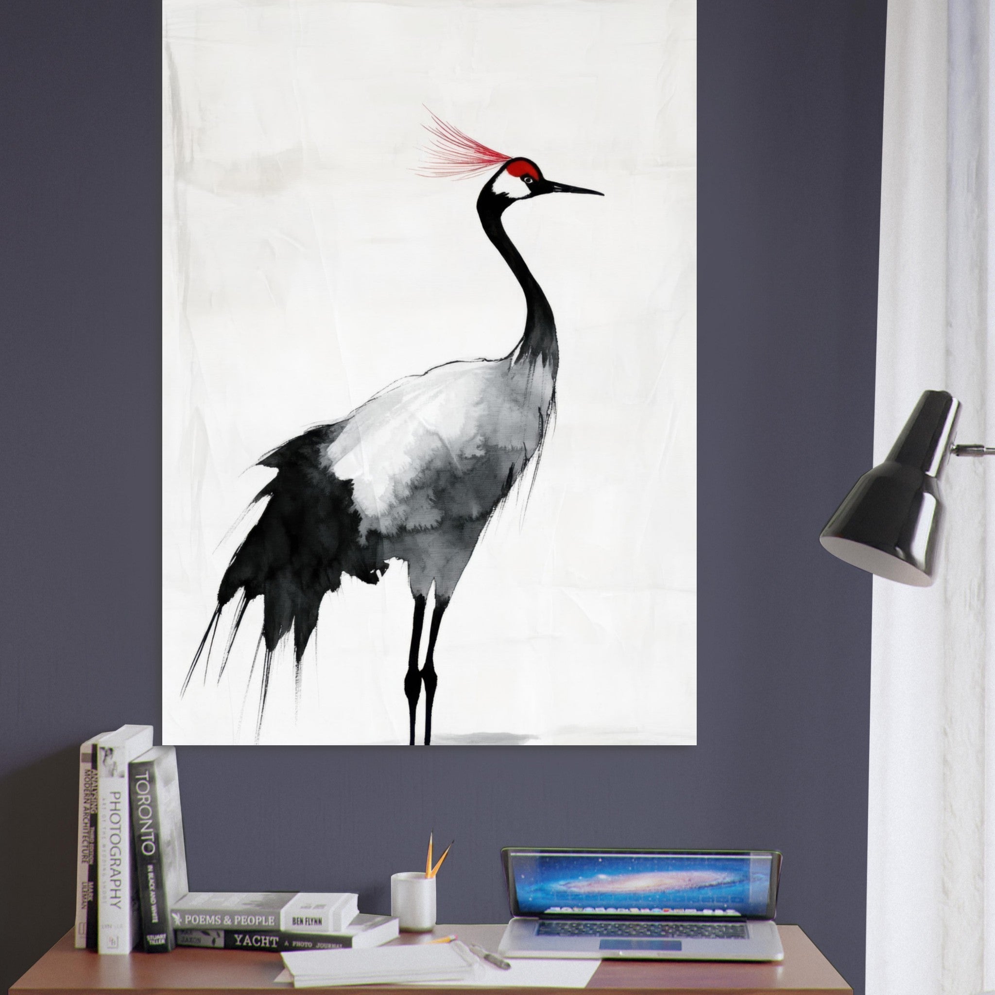Fine Art Poster Portrait - Japanese Ink Wash Painting of a Crane A graceful 2 - Shop Ai Art WebShop - Digital Art online Store