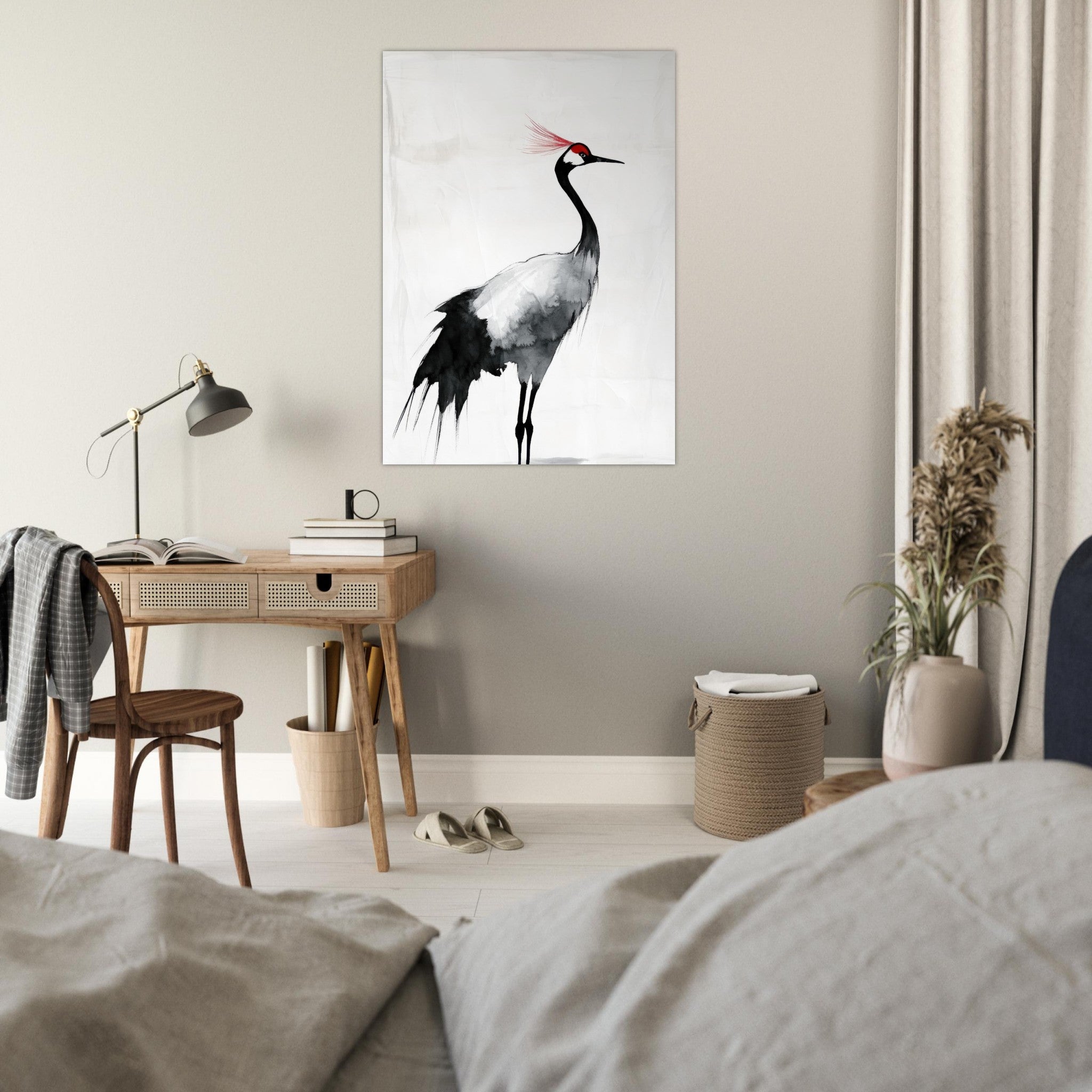 Fine Art Poster Portrait - Japanese Ink Wash Painting of a Crane A graceful 2 - Shop Ai Art WebShop - Digital Art online Store