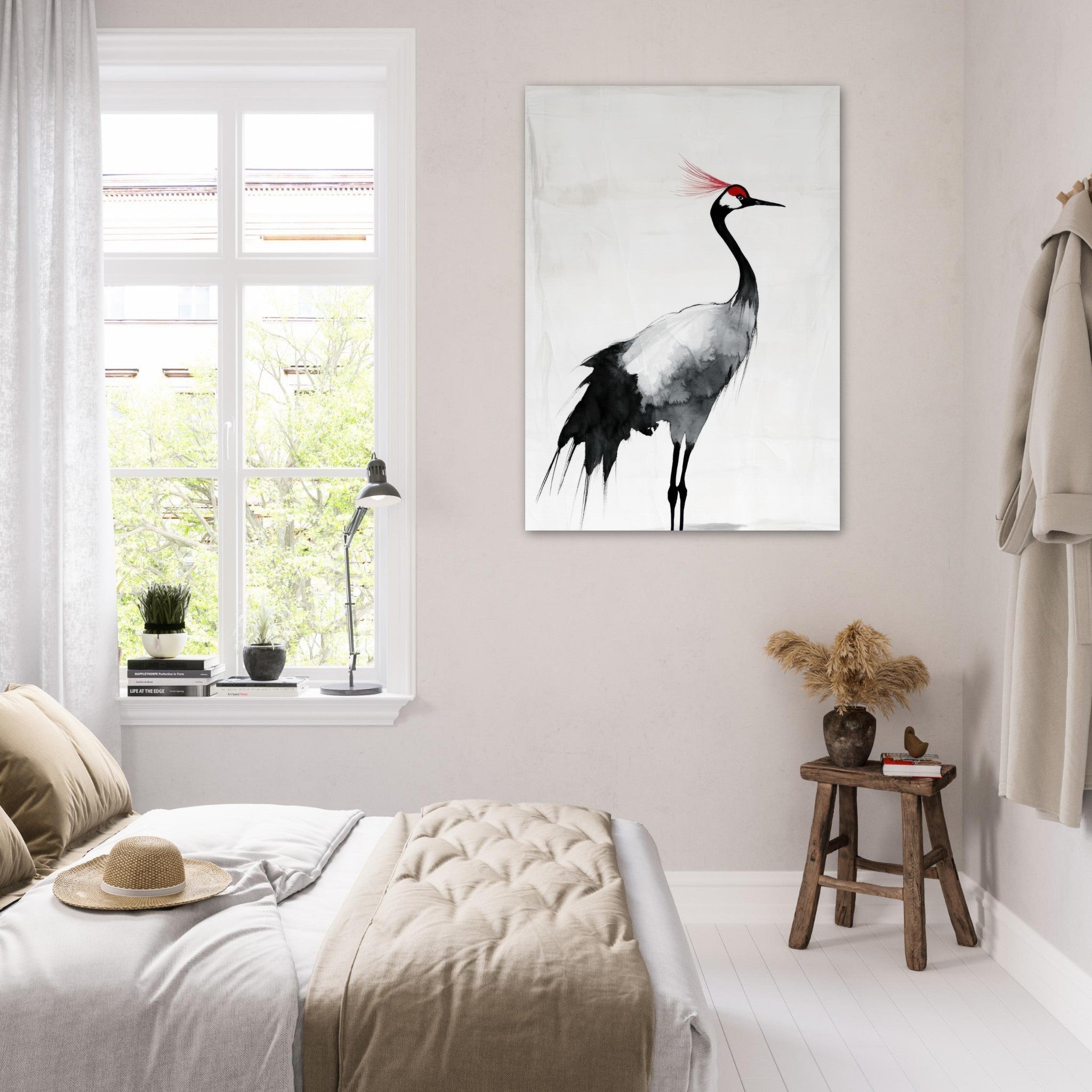 Fine Art Poster Portrait - Japanese Ink Wash Painting of a Crane A graceful 2 - Shop Ai Art WebShop - Digital Art online Store