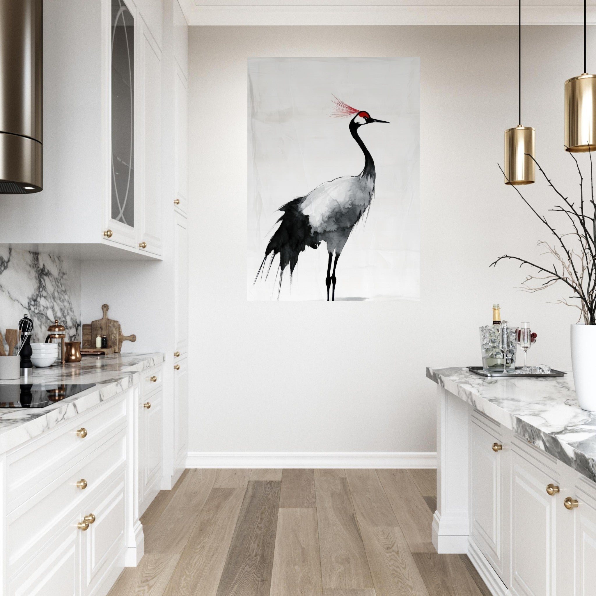 Fine Art Poster Portrait - Japanese Ink Wash Painting of a Crane A graceful 2 - Shop Ai Art WebShop - Digital Art online Store