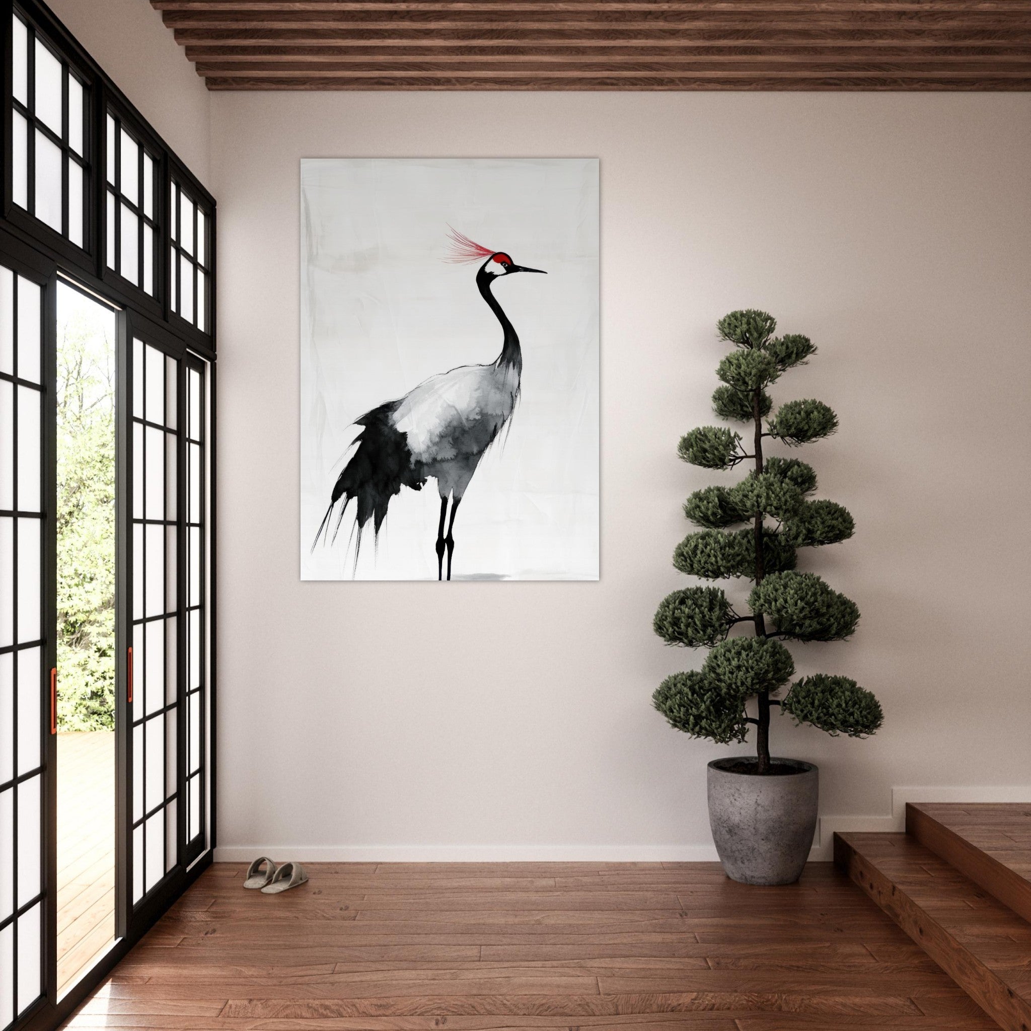 Fine Art Poster Portrait - Japanese Ink Wash Painting of a Crane A graceful 2 - Shop Ai Art WebShop - Digital Art online Store