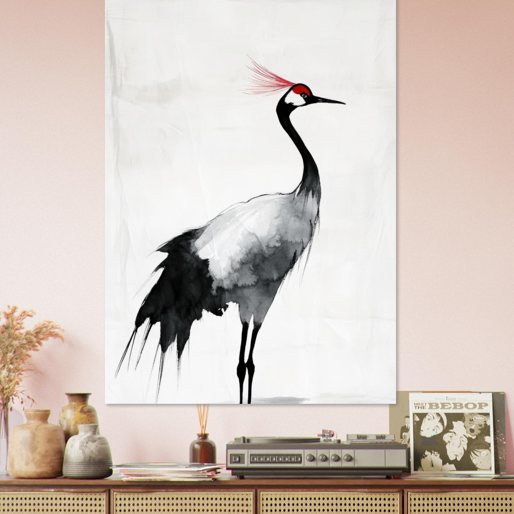 Fine Art Poster Portrait - Japanese Ink Wash Painting of a Crane A graceful 2 - Shop Ai Art WebShop - Digital Art online Store
