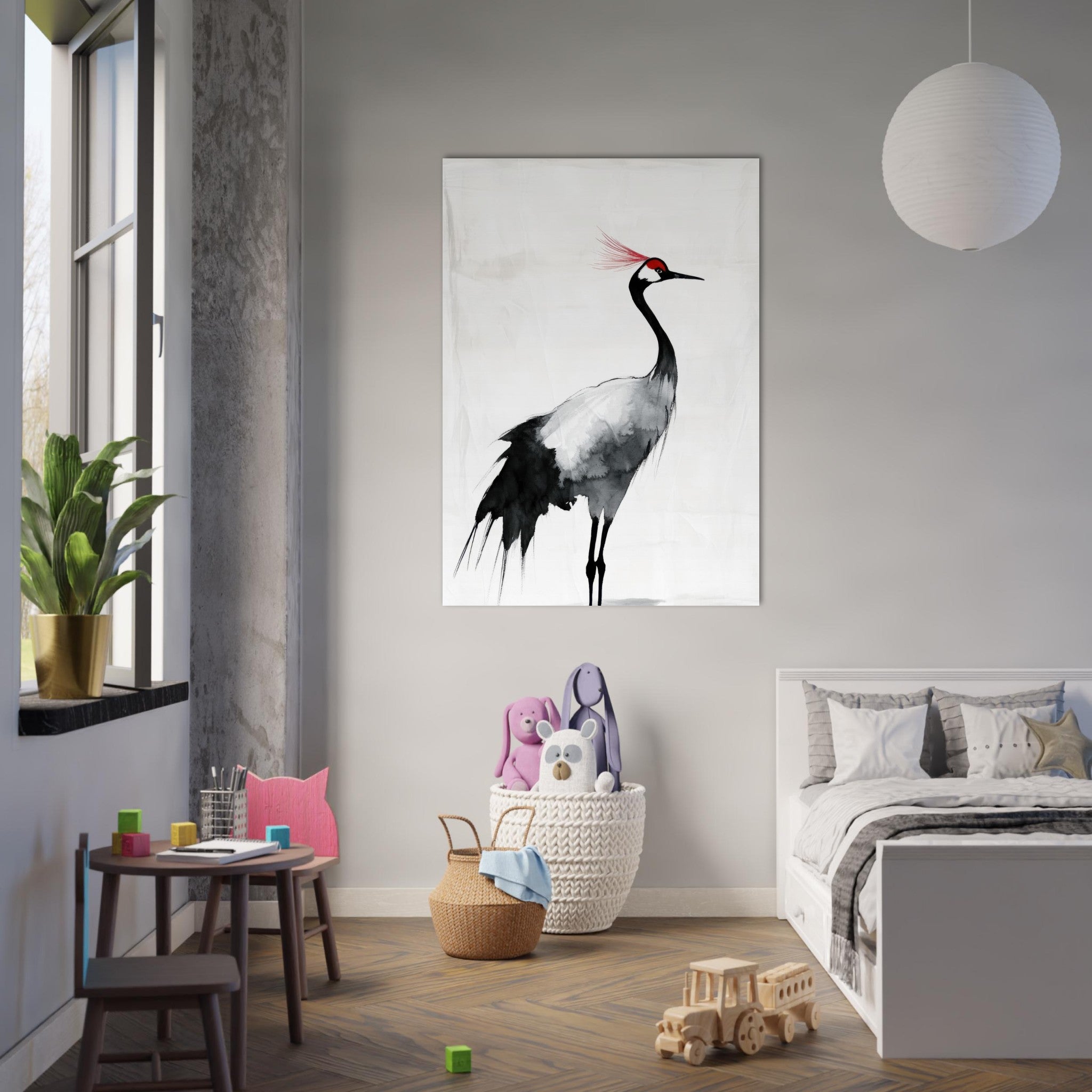 Fine Art Poster Portrait - Japanese Ink Wash Painting of a Crane A graceful 2 - Shop Ai Art WebShop - Digital Art online Store