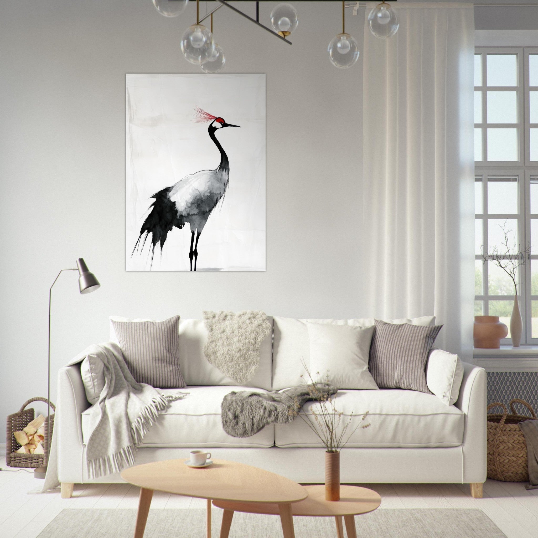 Fine Art Poster Portrait - Japanese Ink Wash Painting of a Crane A graceful 2 - Shop Ai Art WebShop - Digital Art online Store