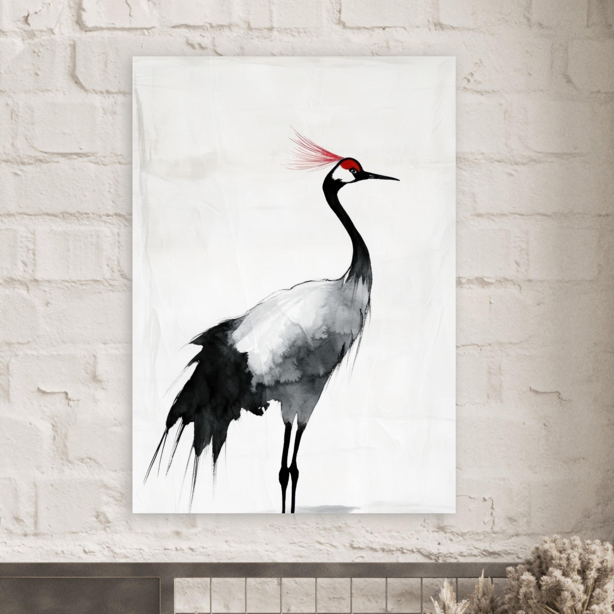 Fine Art Poster Portrait - Japanese Ink Wash Painting of a Crane A graceful 2 - Shop Ai Art WebShop - Digital Art online Store