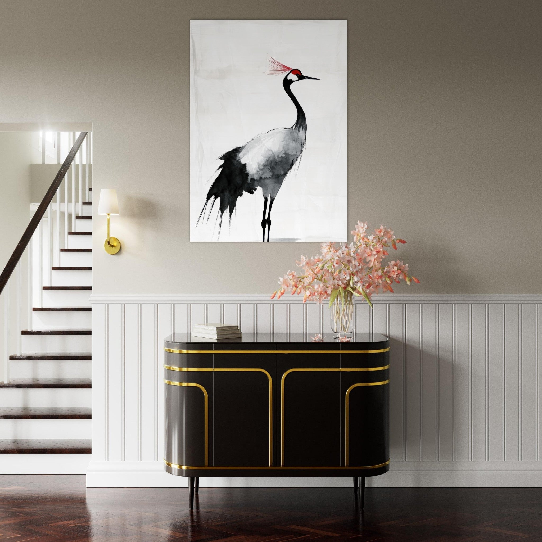 Fine Art Poster Portrait - Japanese Ink Wash Painting of a Crane A graceful 2 - Shop Ai Art WebShop - Digital Art online Store