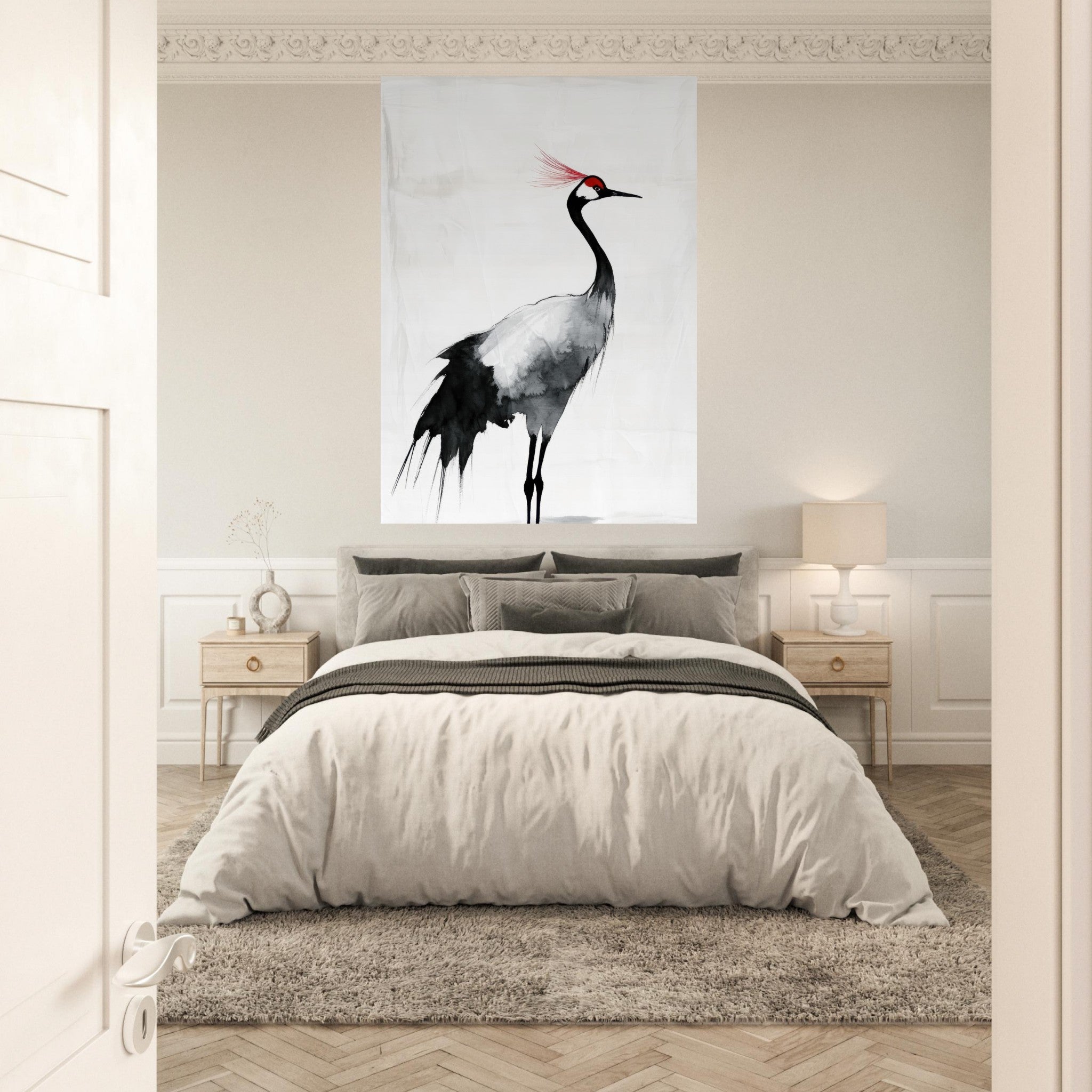 Fine Art Poster Portrait - Japanese Ink Wash Painting of a Crane A graceful 2 - Shop Ai Art WebShop - Digital Art online Store