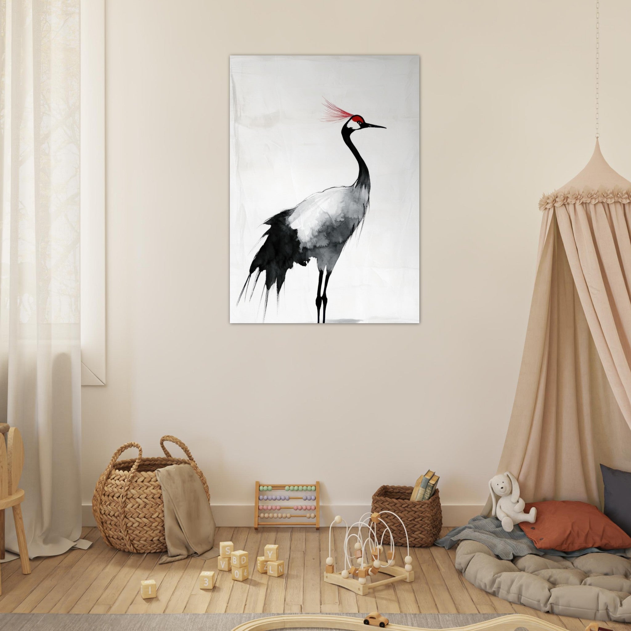 Fine Art Poster Portrait - Japanese Ink Wash Painting of a Crane A graceful 2 - Shop Ai Art WebShop - Digital Art online Store