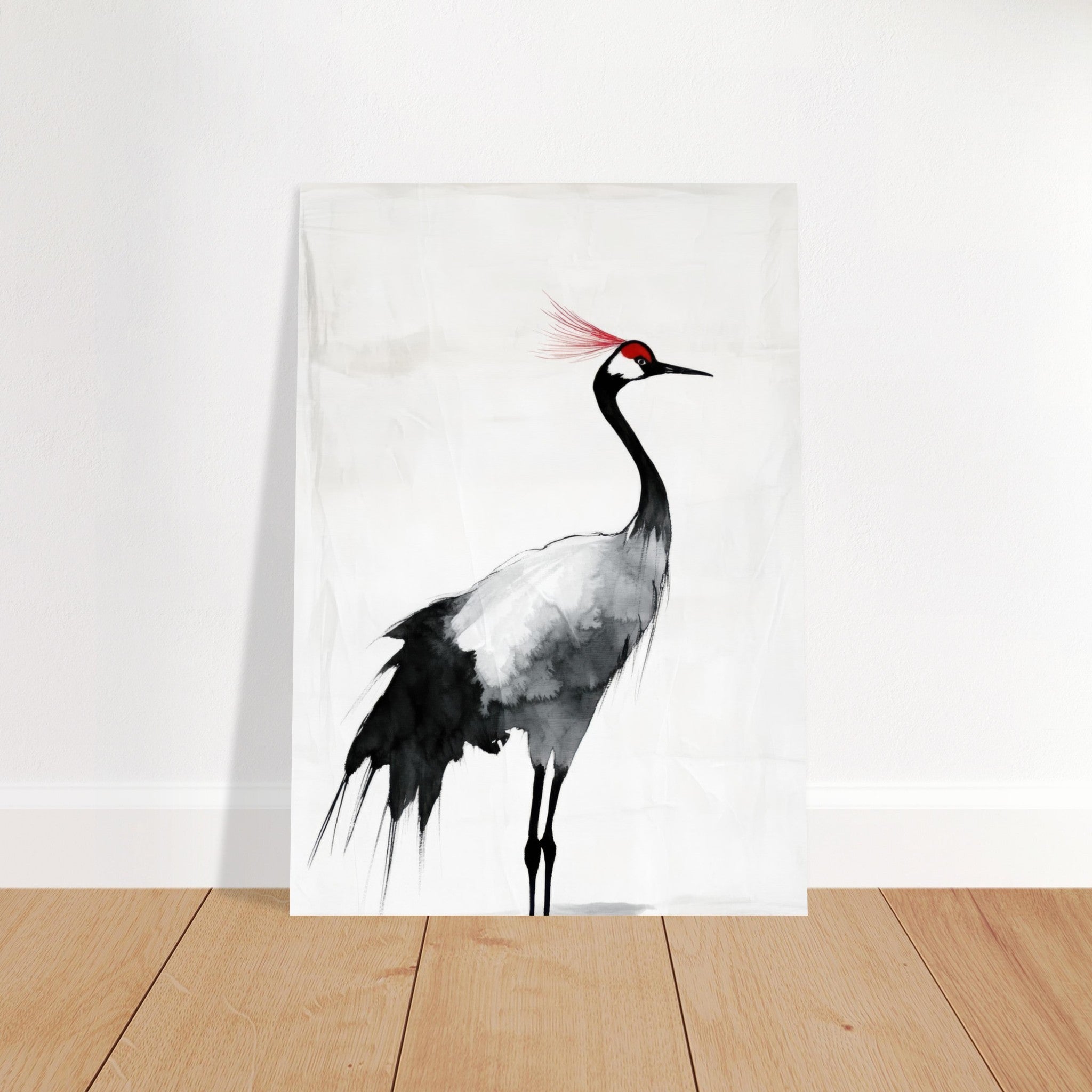 Fine Art Poster Portrait - Japanese Ink Wash Painting of a Crane A graceful 2 - Shop Ai Art WebShop - Digital Art online Store