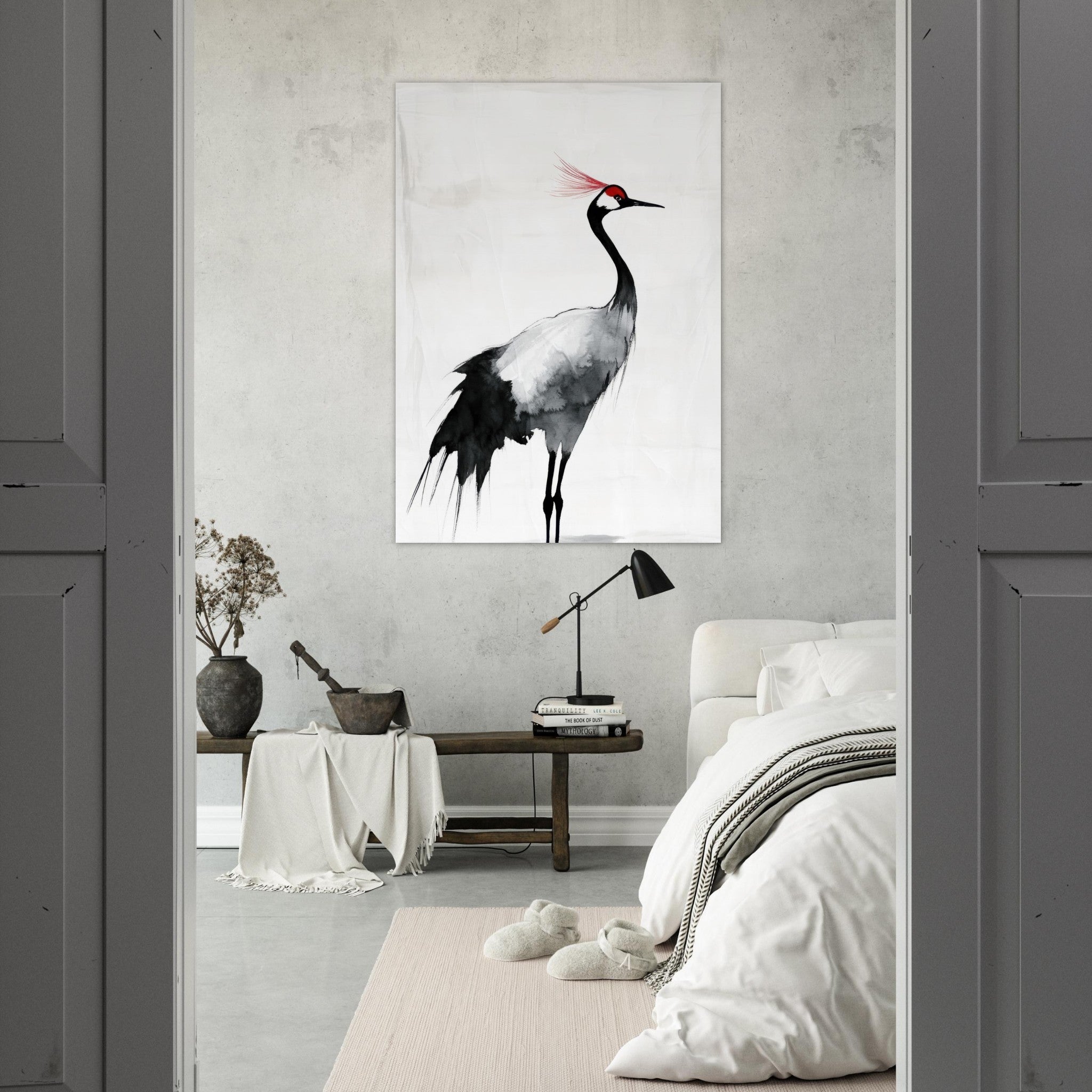 Fine Art Poster Portrait - Japanese Ink Wash Painting of a Crane A graceful 2 - Shop Ai Art WebShop - Digital Art online Store