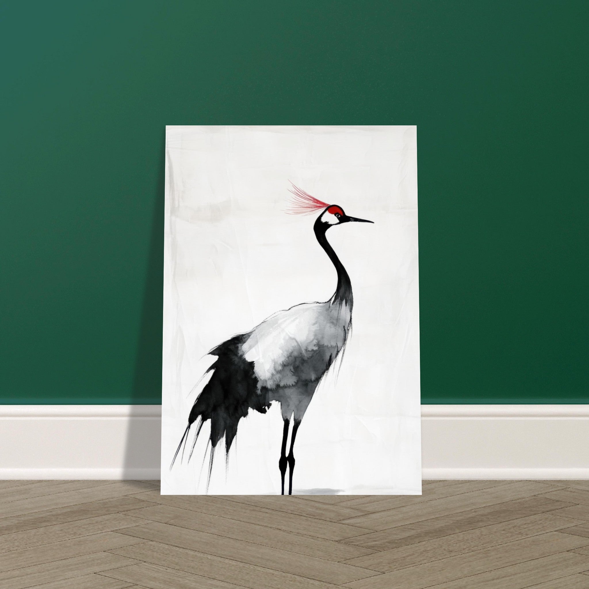 Fine Art Poster Portrait - Japanese Ink Wash Painting of a Crane A graceful 2 - Shop Ai Art WebShop - Digital Art online Store