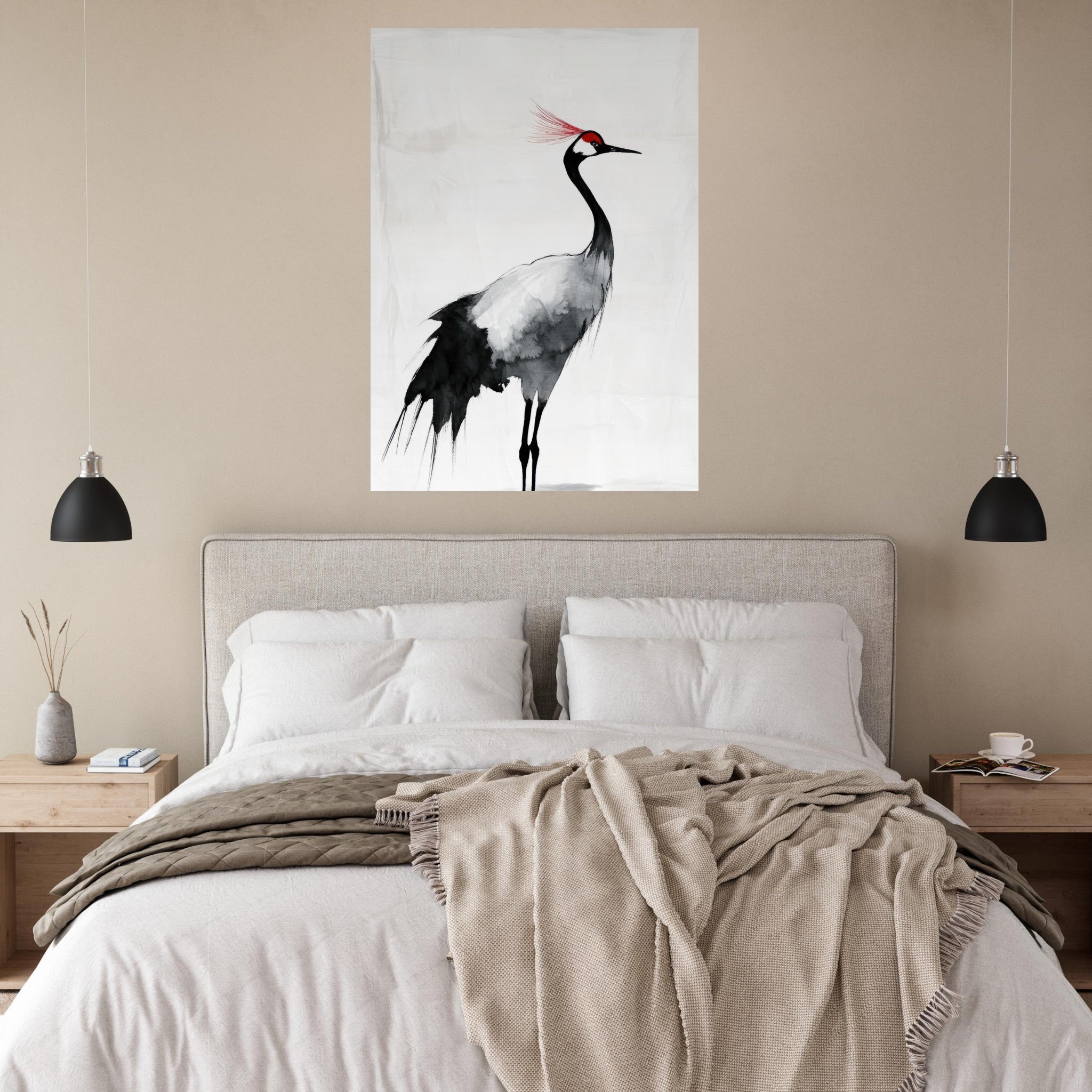 Fine Art Poster Portrait - Japanese Ink Wash Painting of a Crane A graceful 2 - Shop Ai Art WebShop - Digital Art online Store