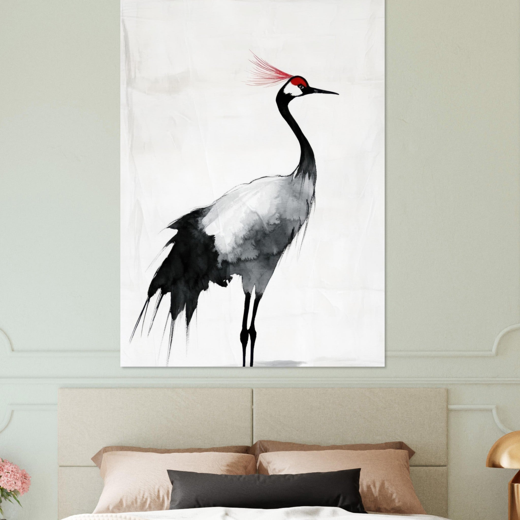 Fine Art Poster Portrait - Japanese Ink Wash Painting of a Crane A graceful 2 - Shop Ai Art WebShop - Digital Art online Store