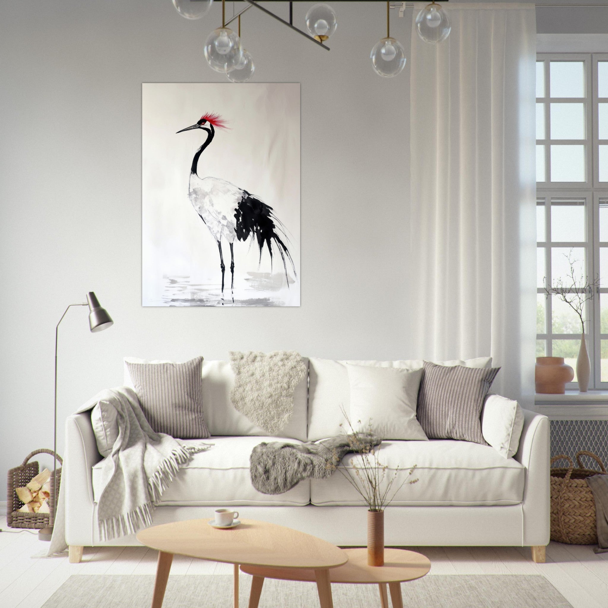Fine Art Poster Portrait - Japanese Ink Wash Painting of a Crane A graceful - Shop Ai Art WebShop - Digital Art online Store