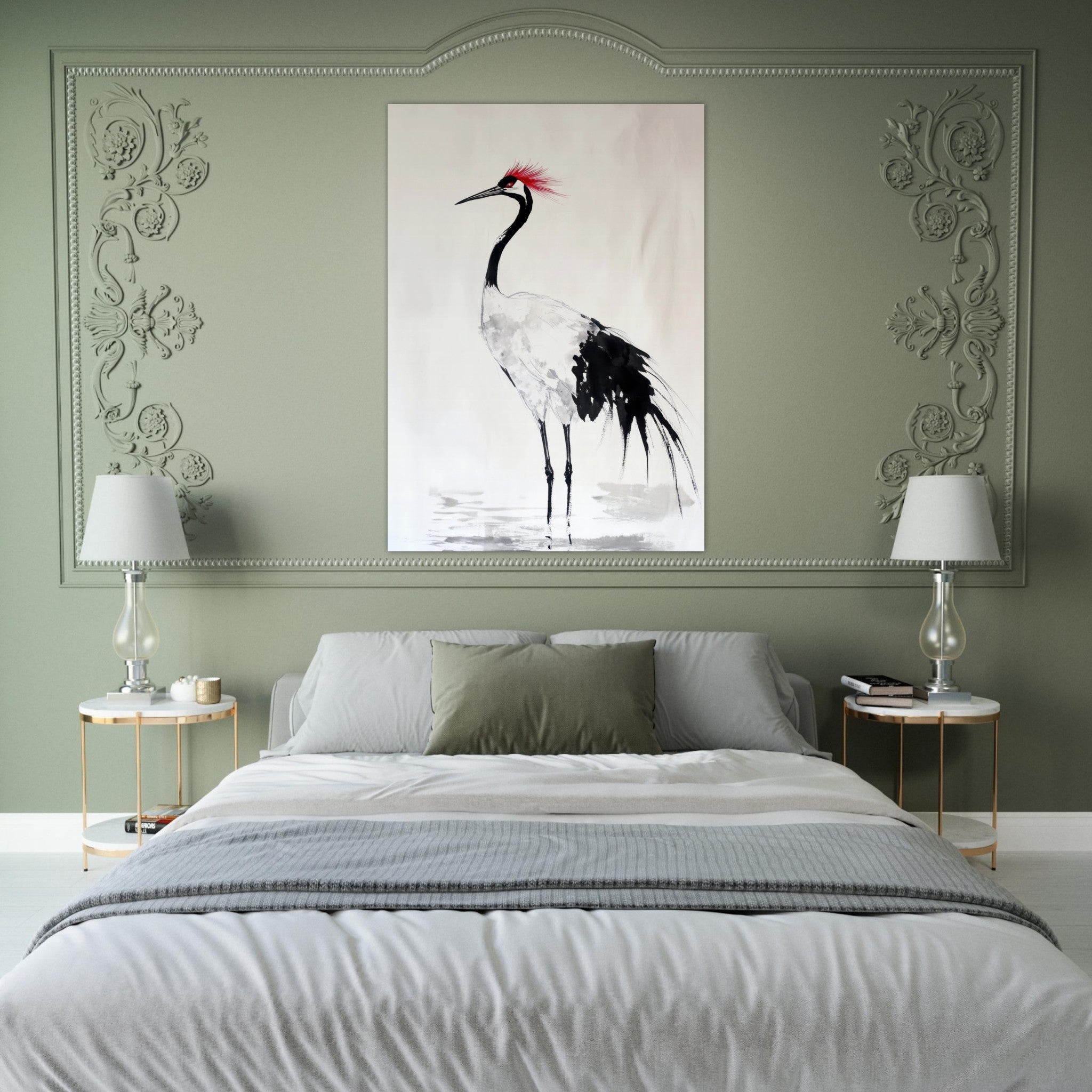 Fine Art Poster Portrait - Japanese Ink Wash Painting of a Crane A graceful - Shop Ai Art WebShop - Digital Art online Store